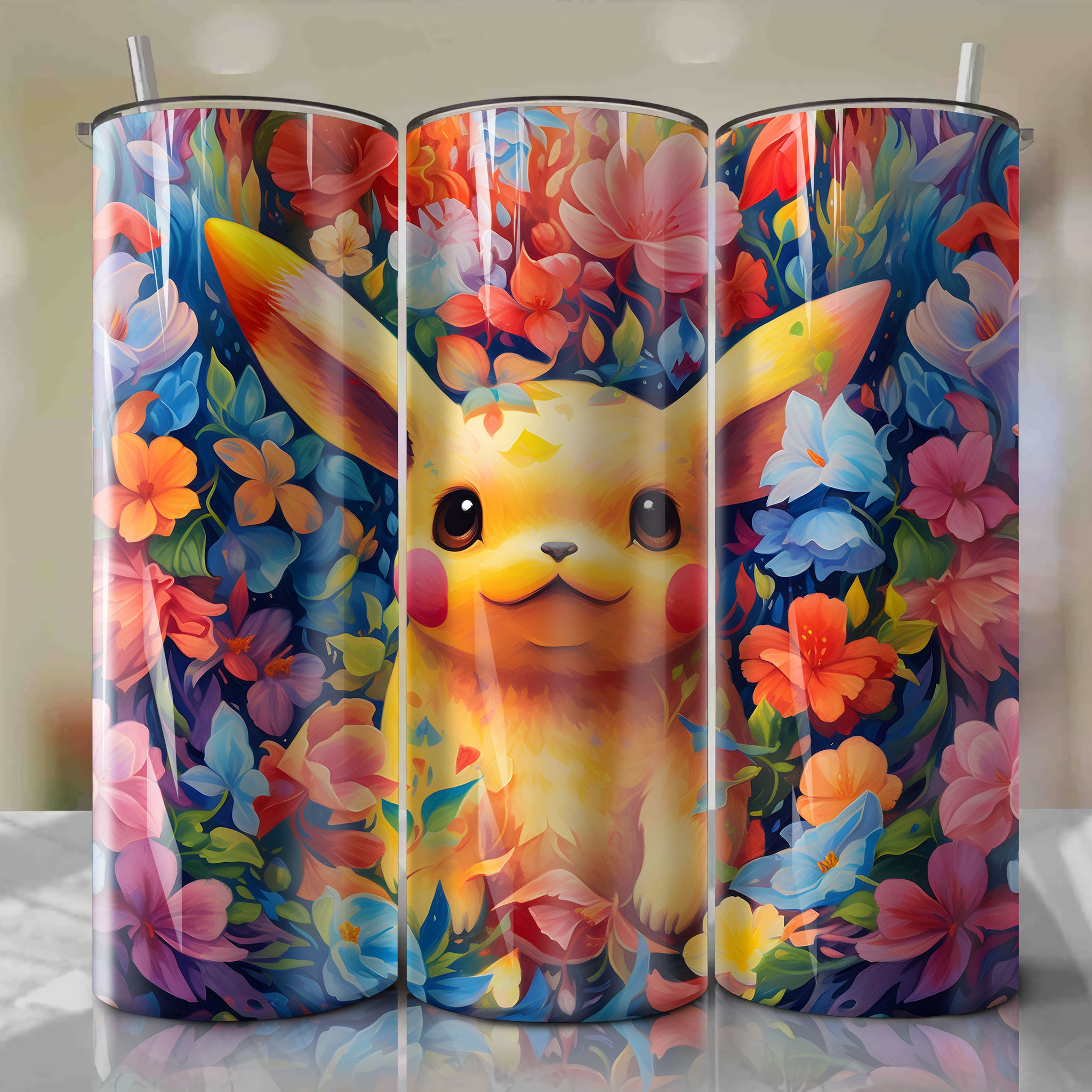 Floral Pikachu Design on 20oz Skinny Tumbler Wrap PNG - Sublimation