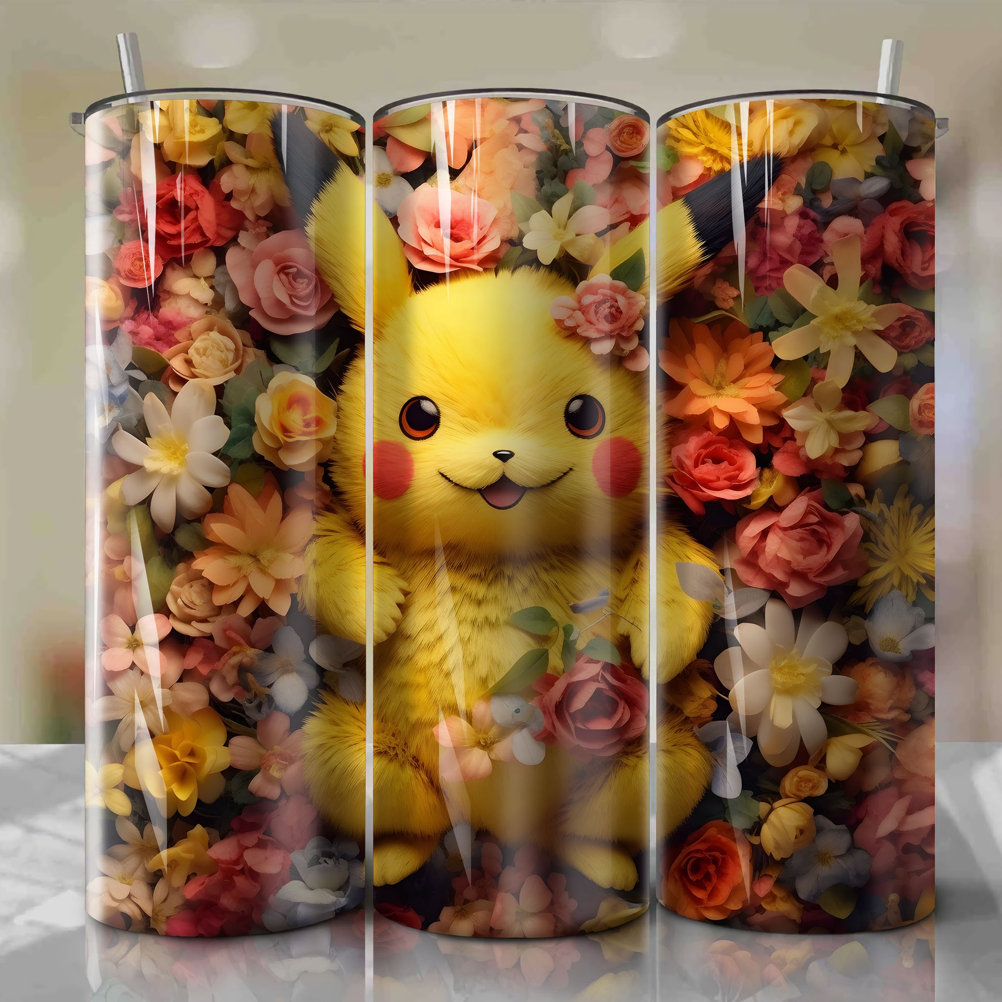 Pikachu 3D Floral Patterned Sublimation Skinny Tumbler Wrap PNG