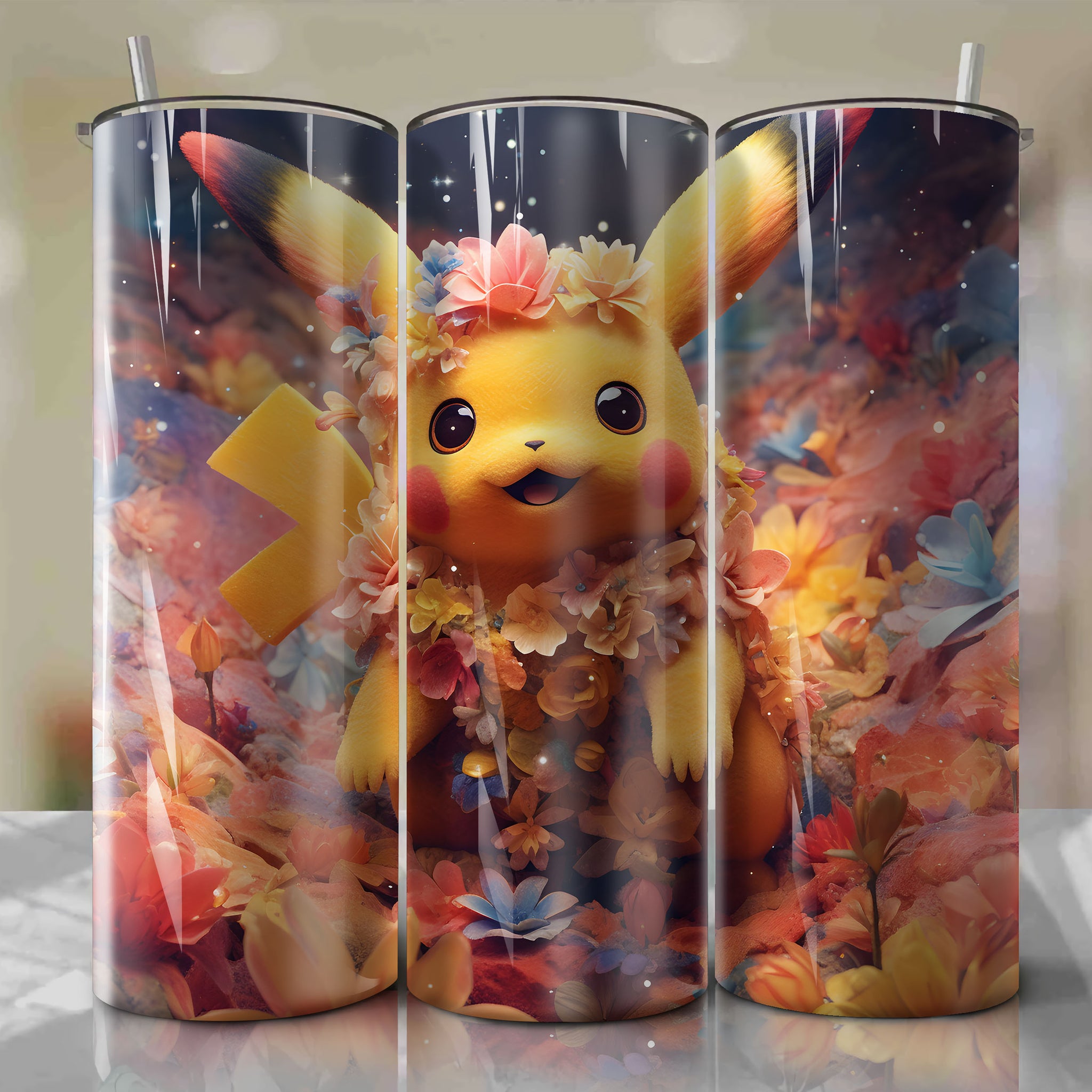 Unique Pikachu 3D Floral Skinny Tumbler Wrap PNG for Sublimation Projects