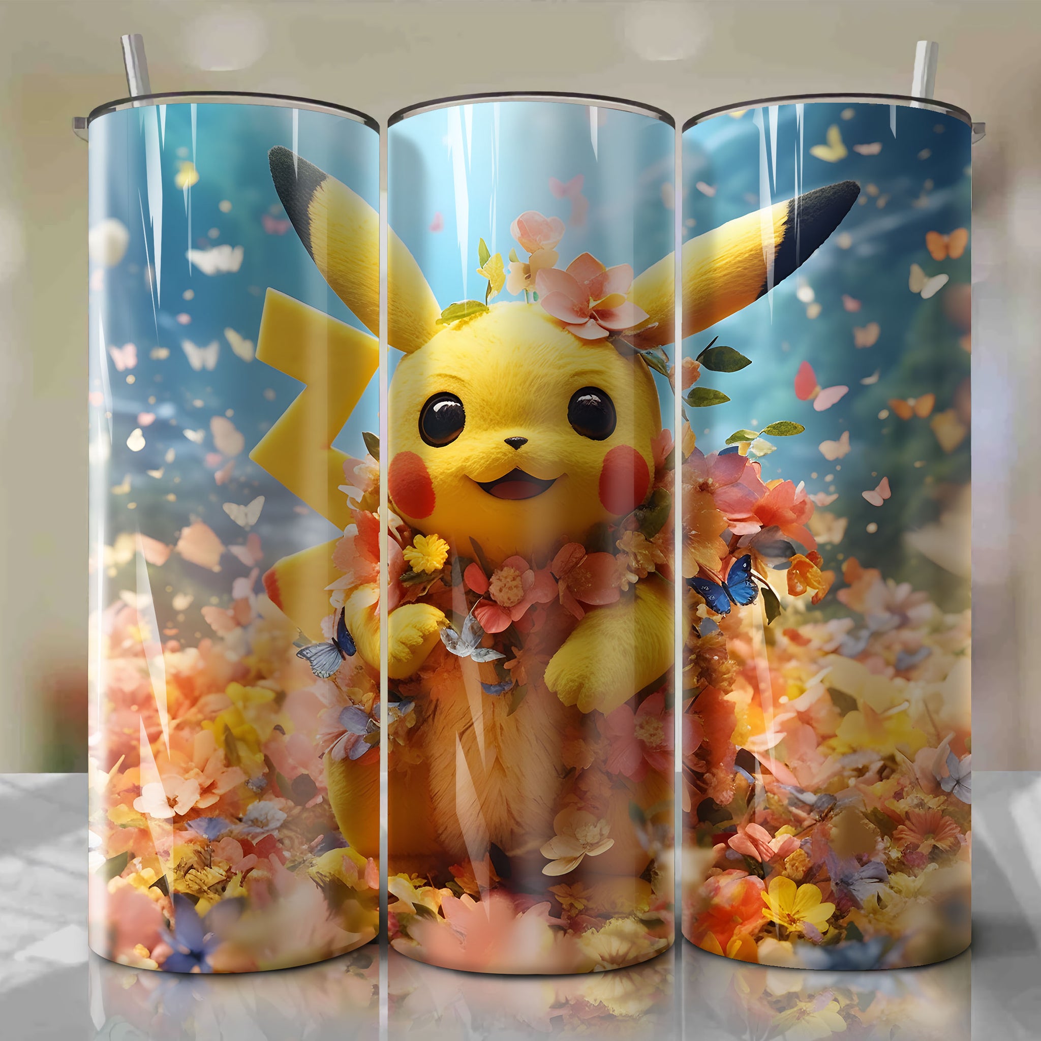 Sublimation-Ready Skinny Tumbler Wrap with Pikachu 3D Floral Artwork