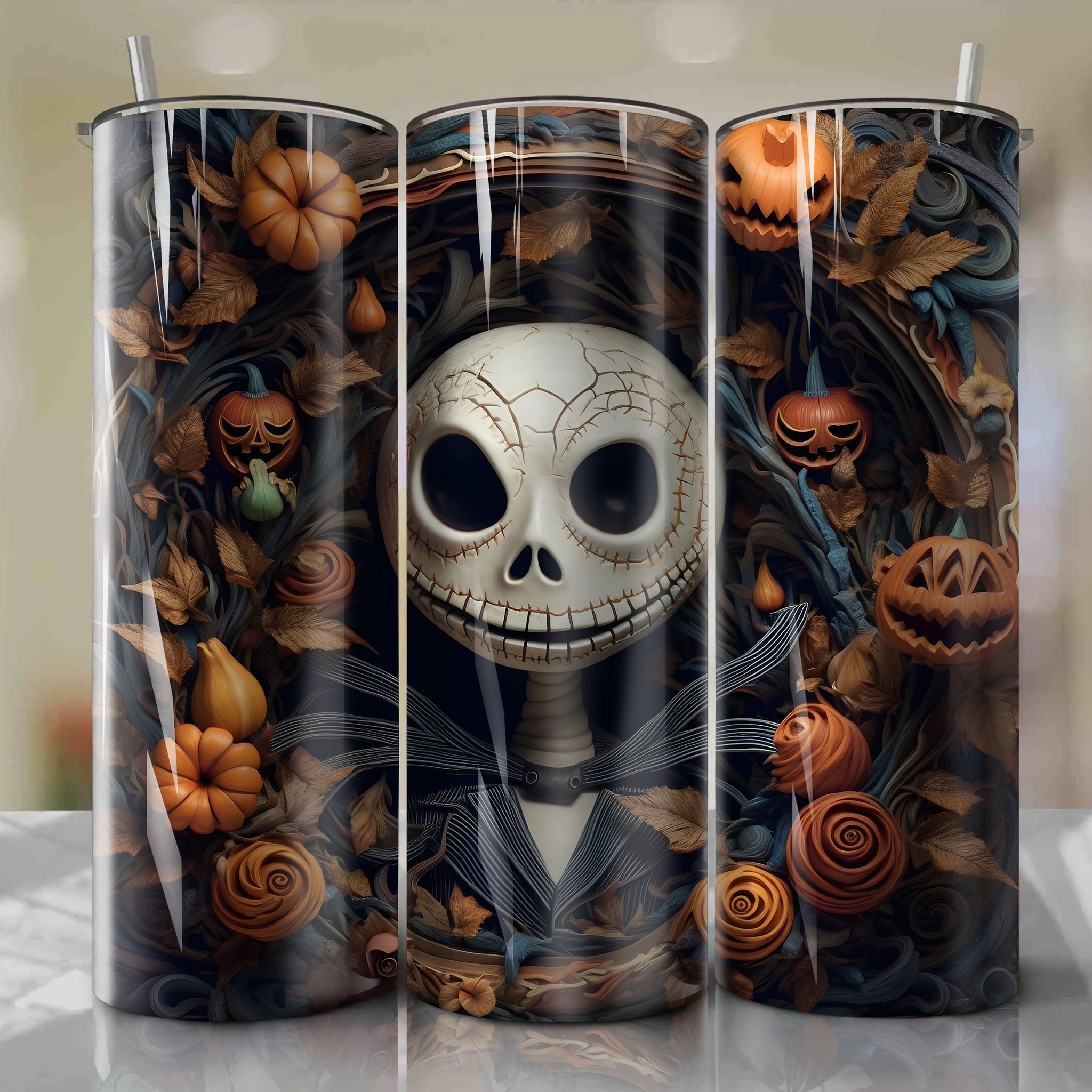 Premium 20oz Skinny Tumbler Wrap with Jack Skellington Design - PNG