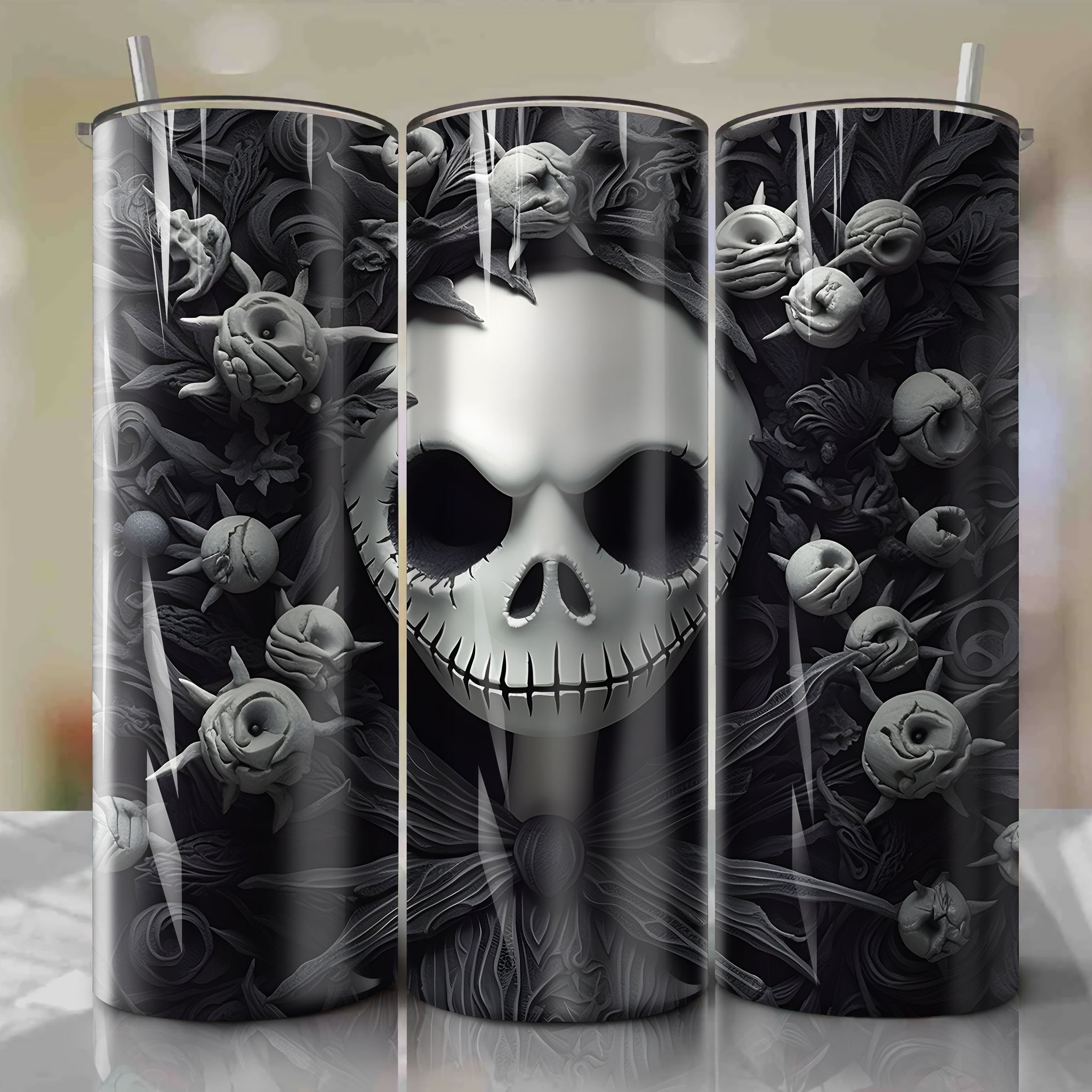 High-Quality 20oz Skinny Tumbler with Jack Skellington Design