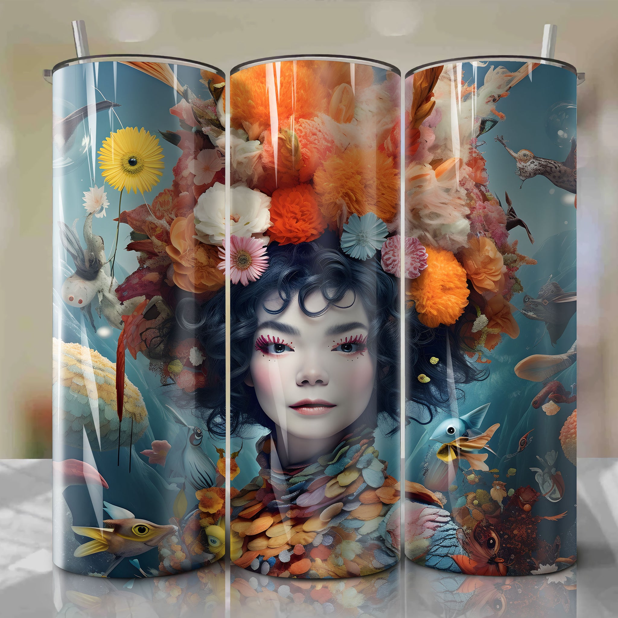 Unique Sublimation Skinny Tumbler 20oz Wrap PNG featuring Bjork Artwork