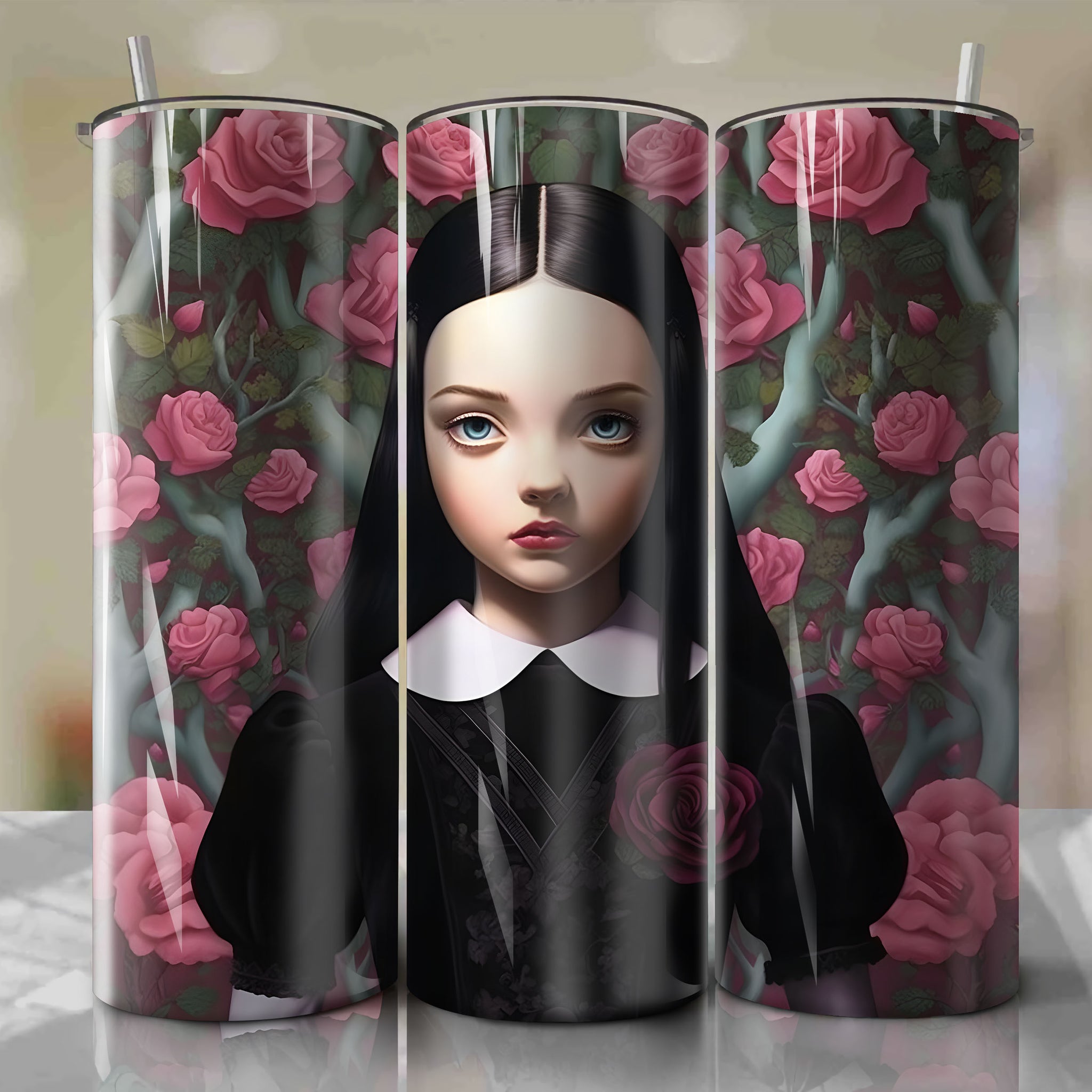 Eye-Catching Wednesday Addams 3d Floral Design for Sublimation Skinny Tumbler 20oz