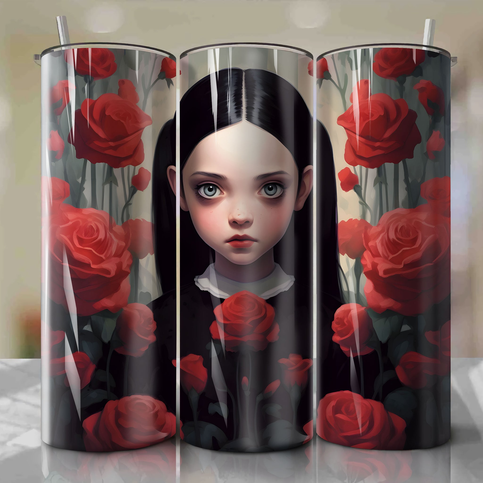 Stylish Wednesday Addams 3d Floral Skinny Tumbler 20oz Wrap - Sublimation PNG