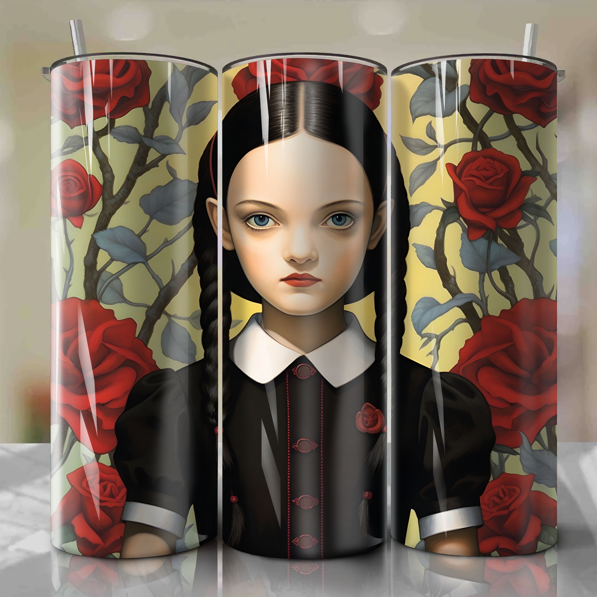 Sublimation PNG: Wednesday Addams 3d Floral Skinny Tumbler 20oz Wrap