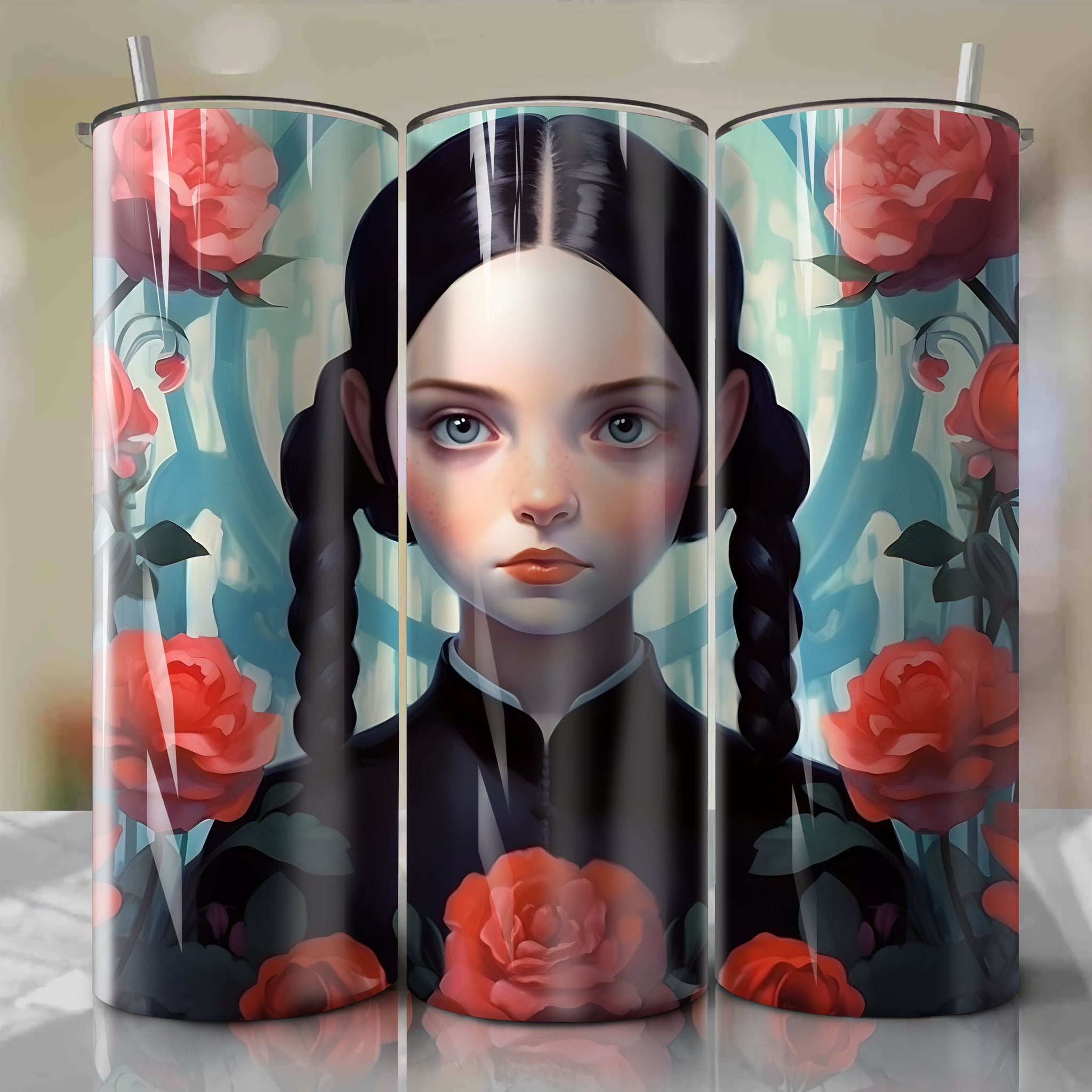 Wednesday Addams 3d Floral Design Sublimation Wrap for 20oz Skinny Tumbler - PNG