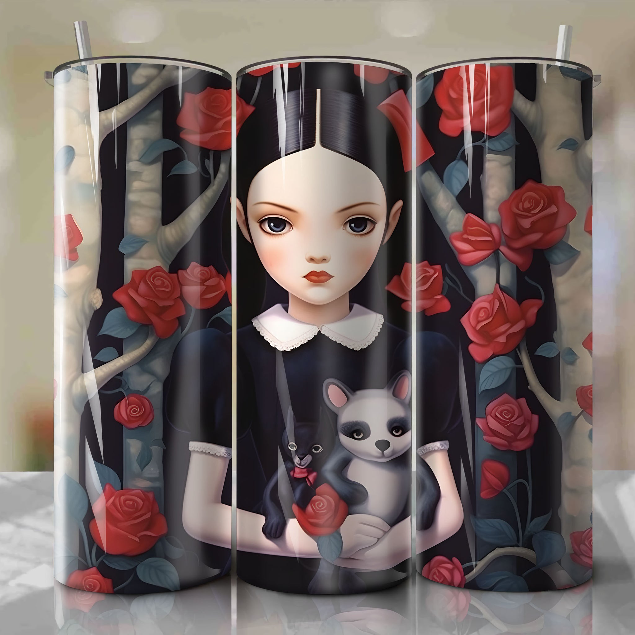 High-Quality Sublimation PNG: Wednesday Addams 3d Floral Skinny Tumbler 20oz Wrap