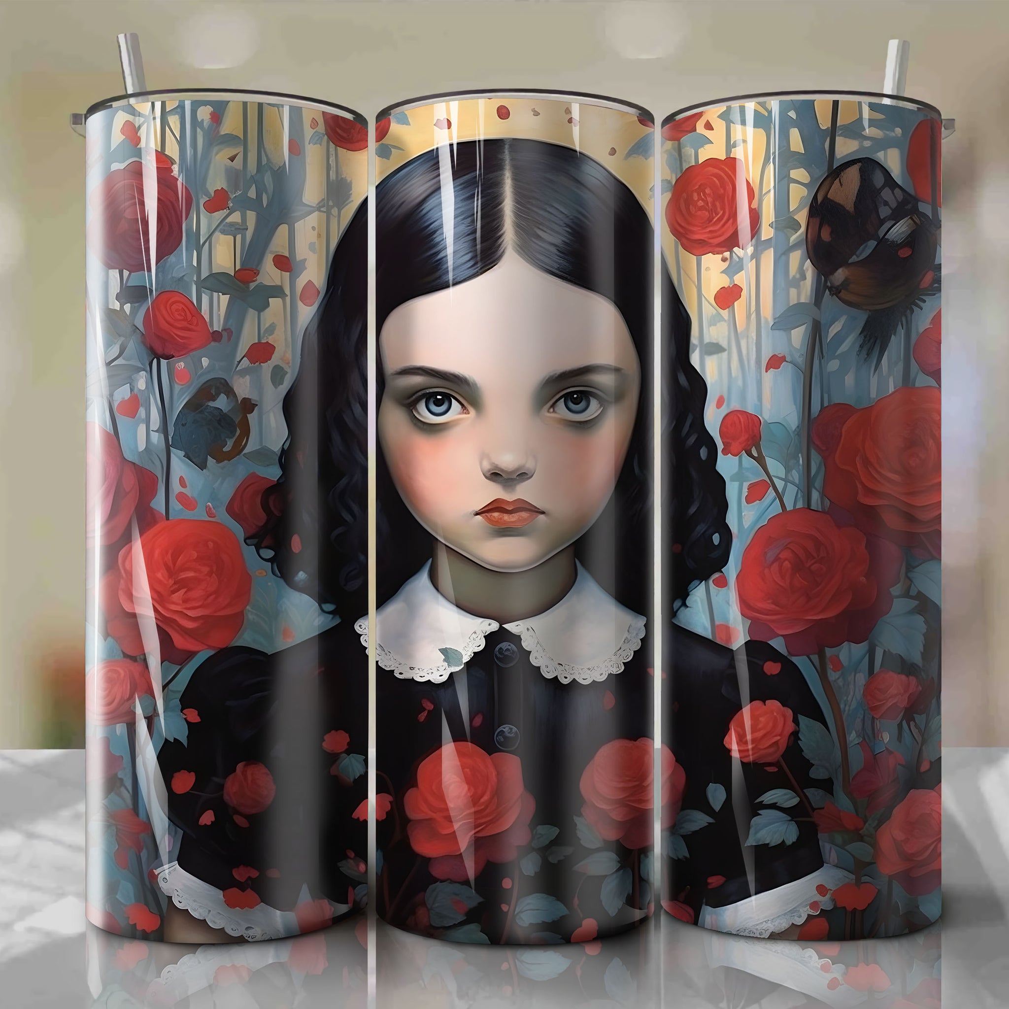 Floral Wednesday Addams Design on Skinny Tumbler 20oz - Sublimation PNG