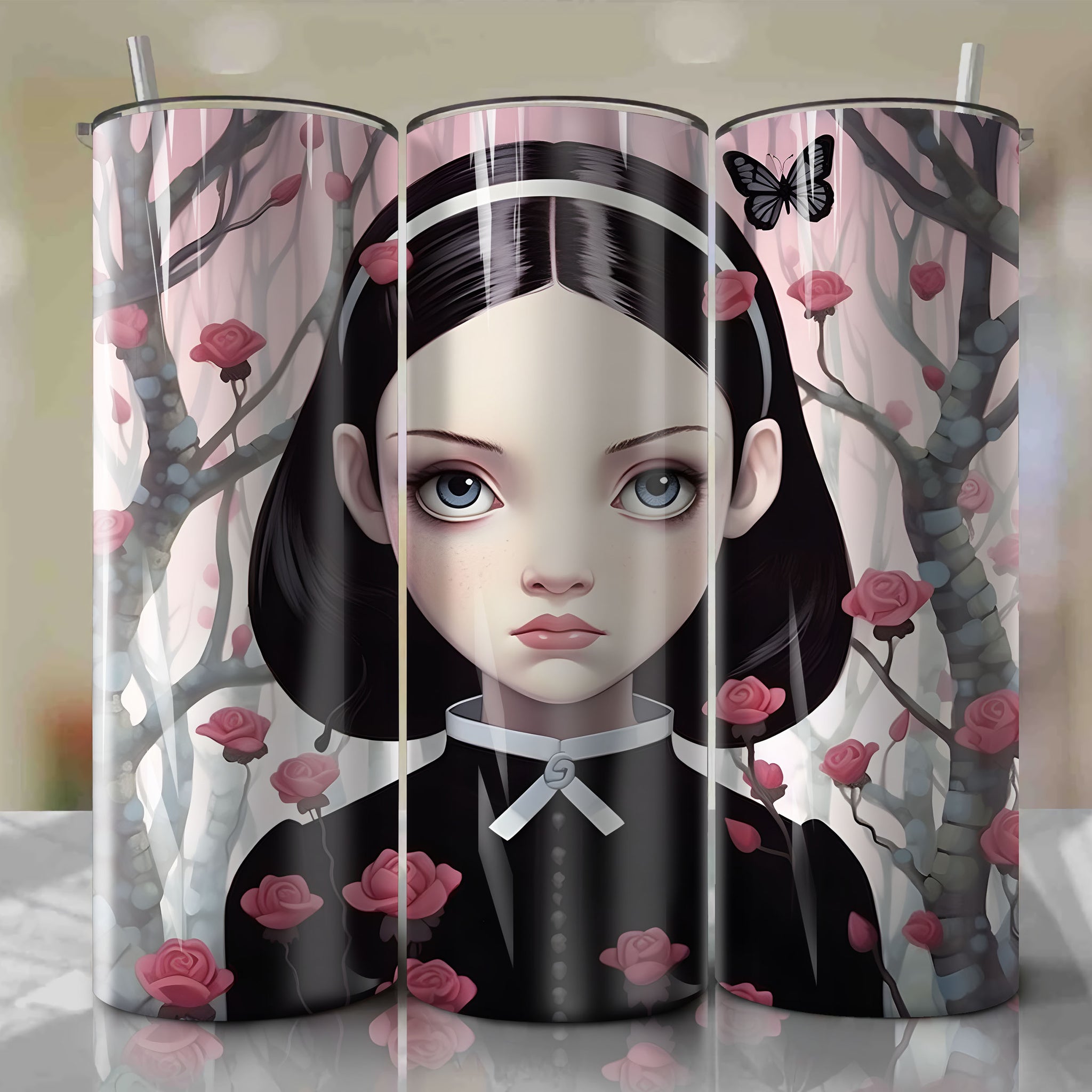 Trendy Wednesday Addams 3d Floral Design on Sublimation Skinny Tumbler 20oz - PNG