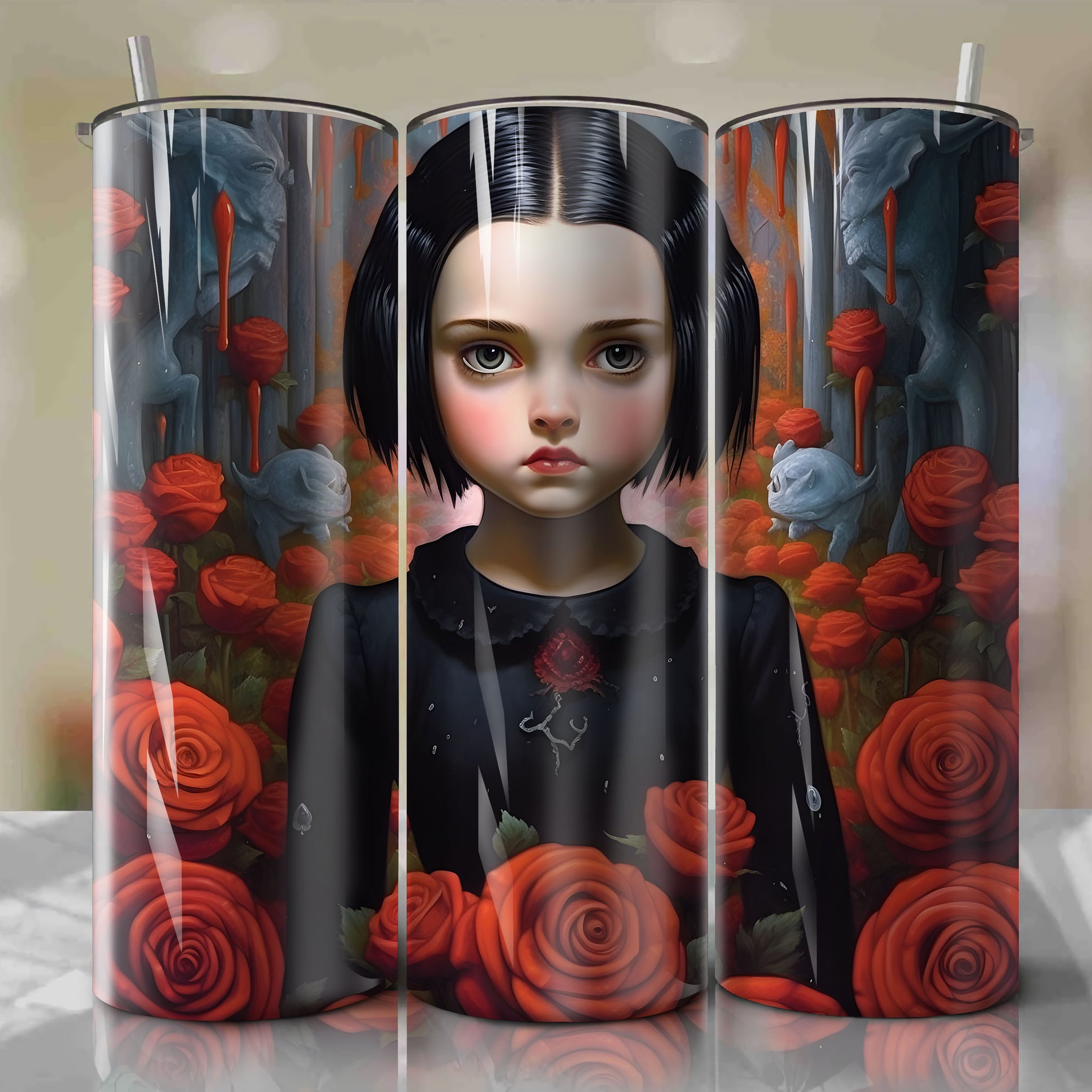 Wednesday Addams 3d Floral Skinny Tumbler 20oz Wrap - Sublimation PNG