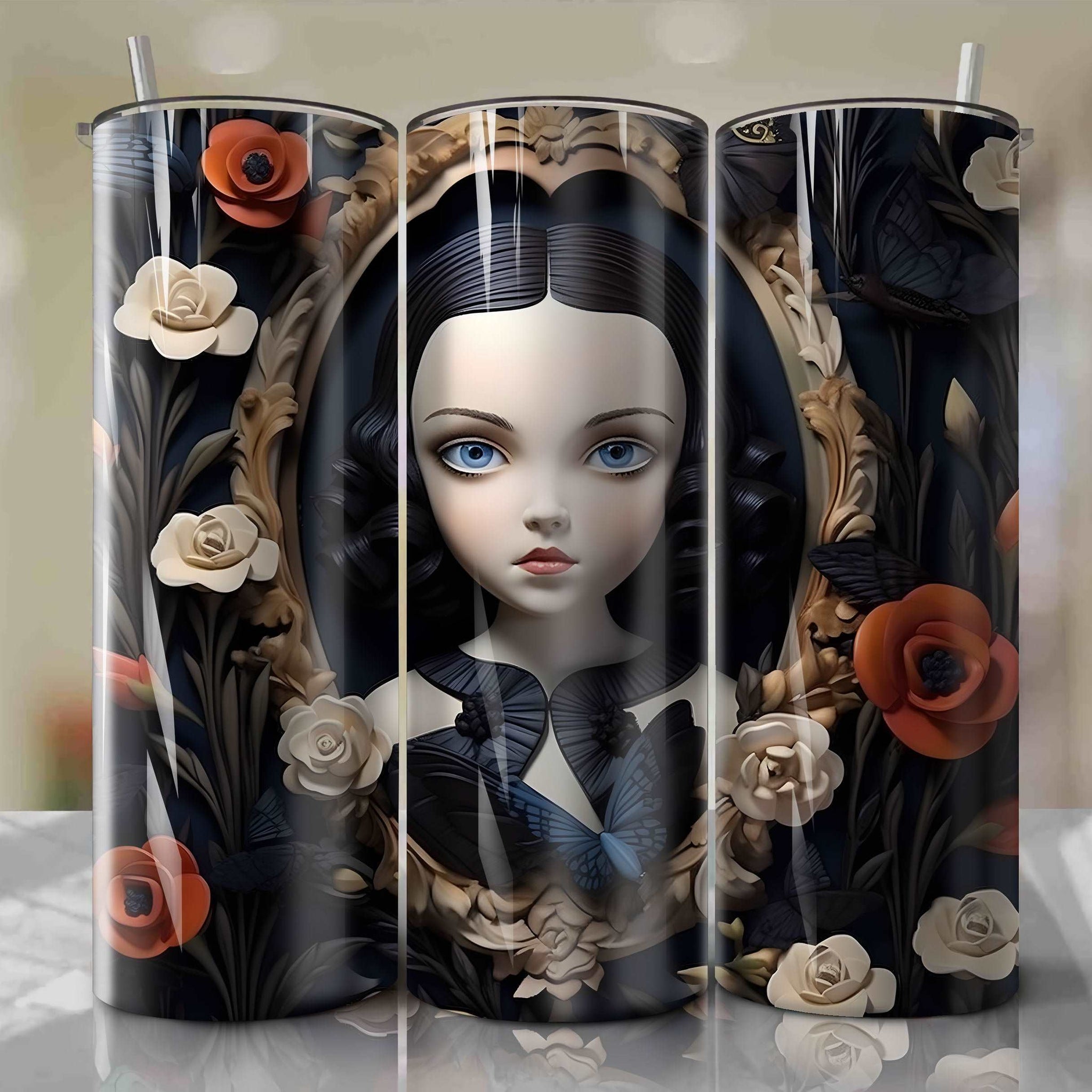 20oz Skinny Tumbler Wrap with Wednesday Addams 3d Floral Design - Sublimation PNG