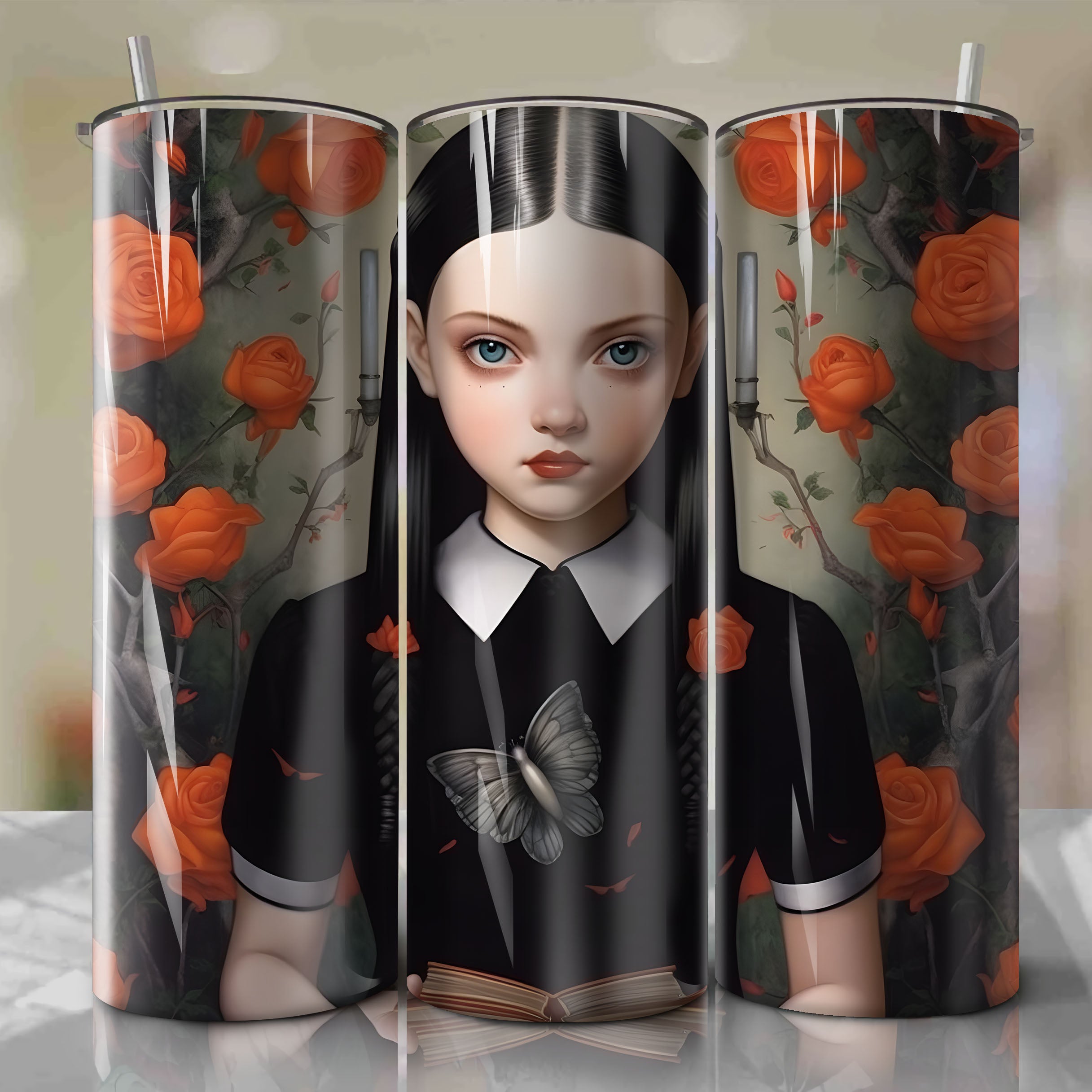 Sublimation-ready Wednesday Addams 3d Floral Skinny Tumbler 20oz Wrap