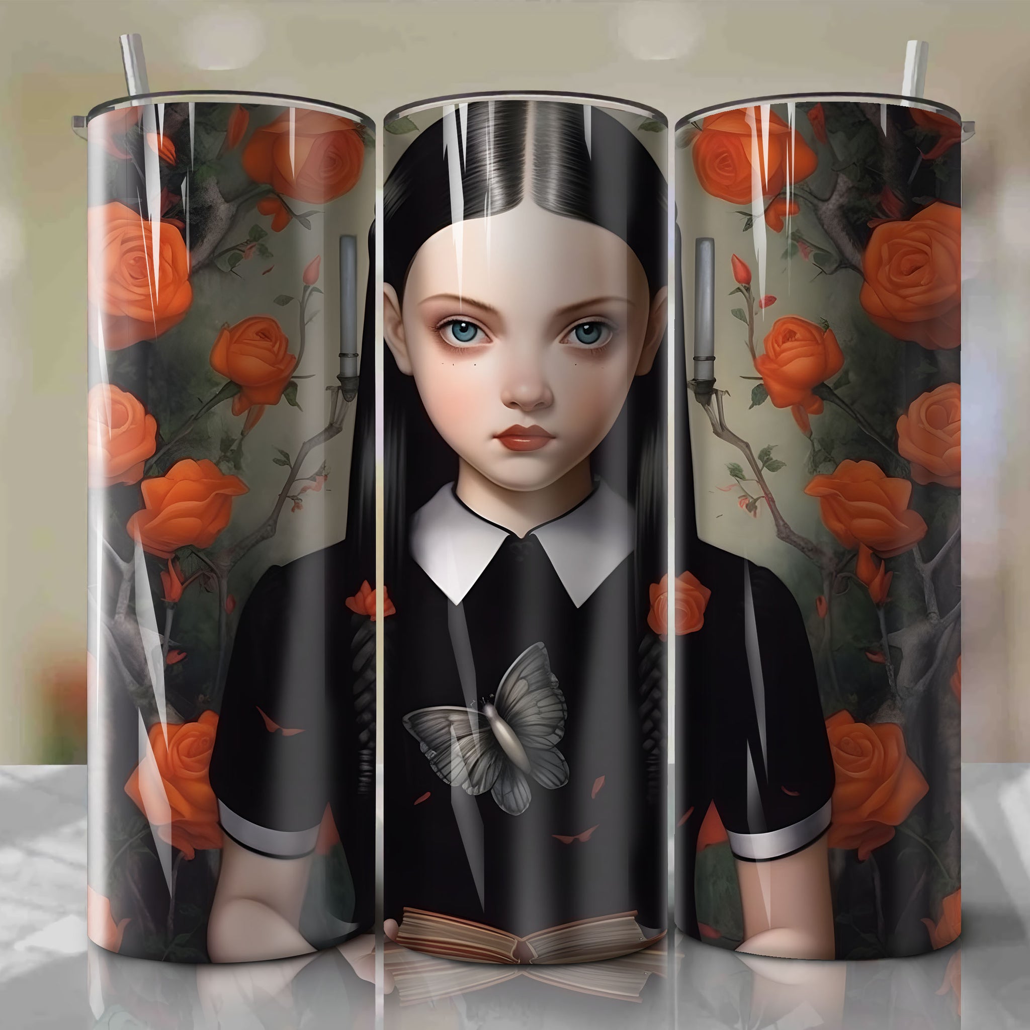 Sublimation-ready Wednesday Addams 3d Floral Skinny Tumbler 20oz Wrap - PNG File