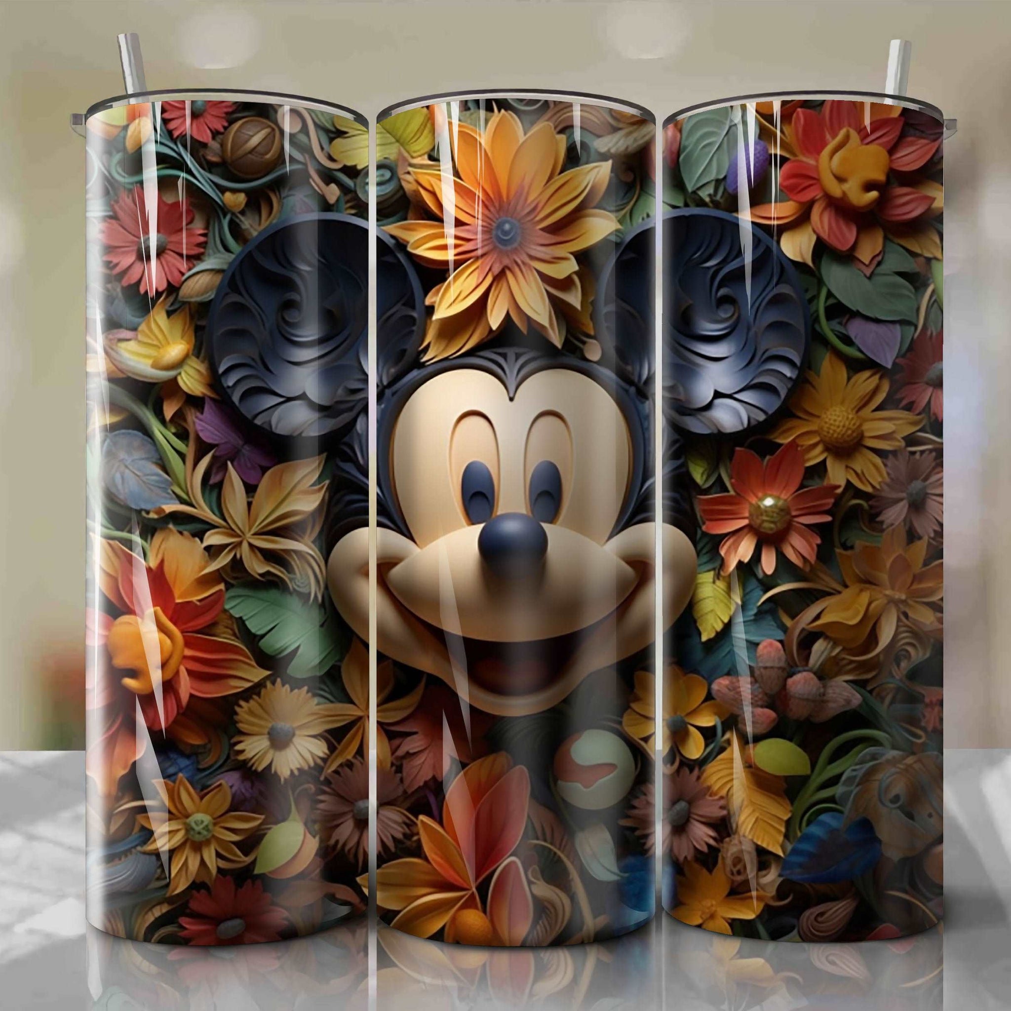 3D Floral Mickey Skinny Tumbler 20oz Wrap PNG - Sublimation