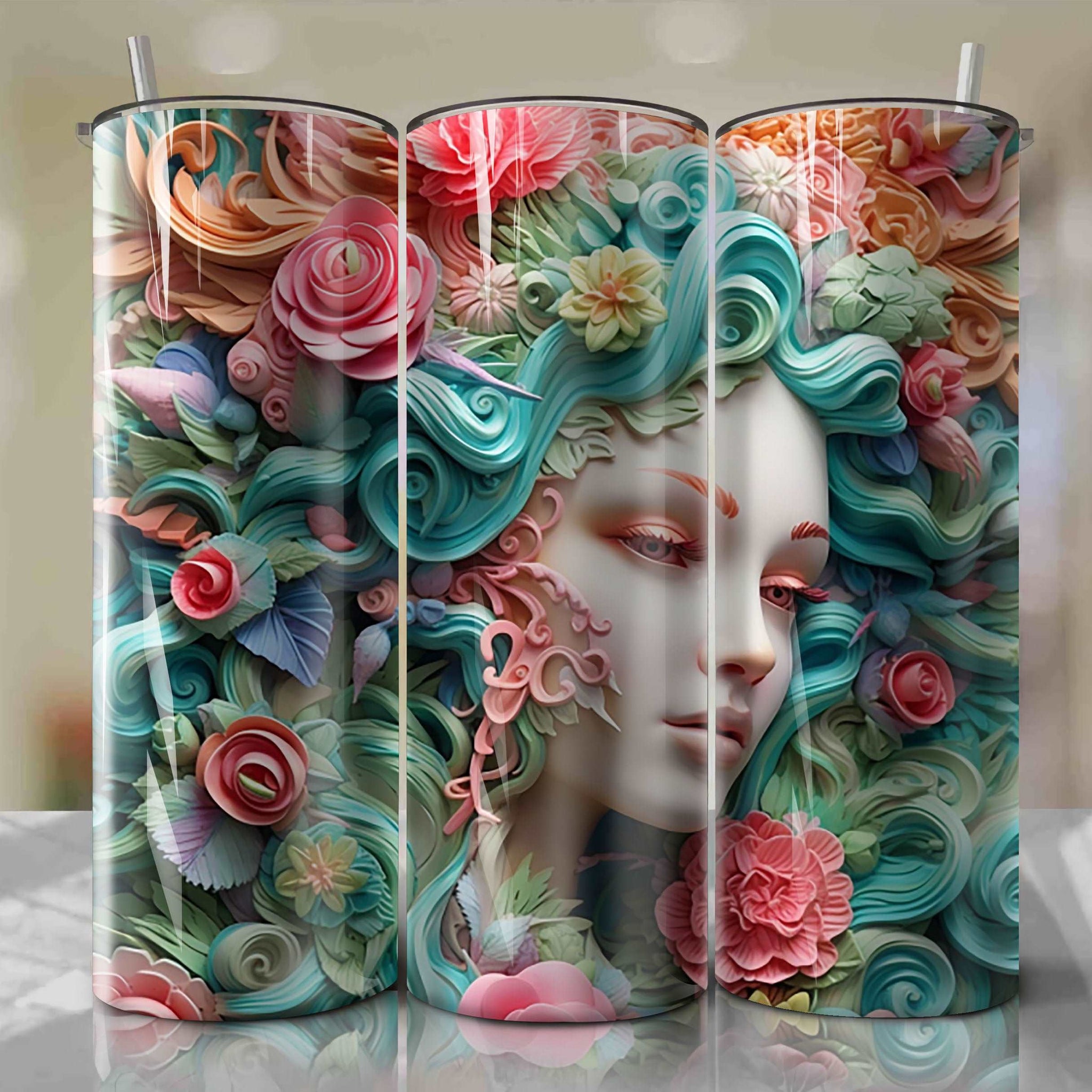 3D Floral Ariel Skinny Tumbler 20oz Wrap PNG - Sublimation