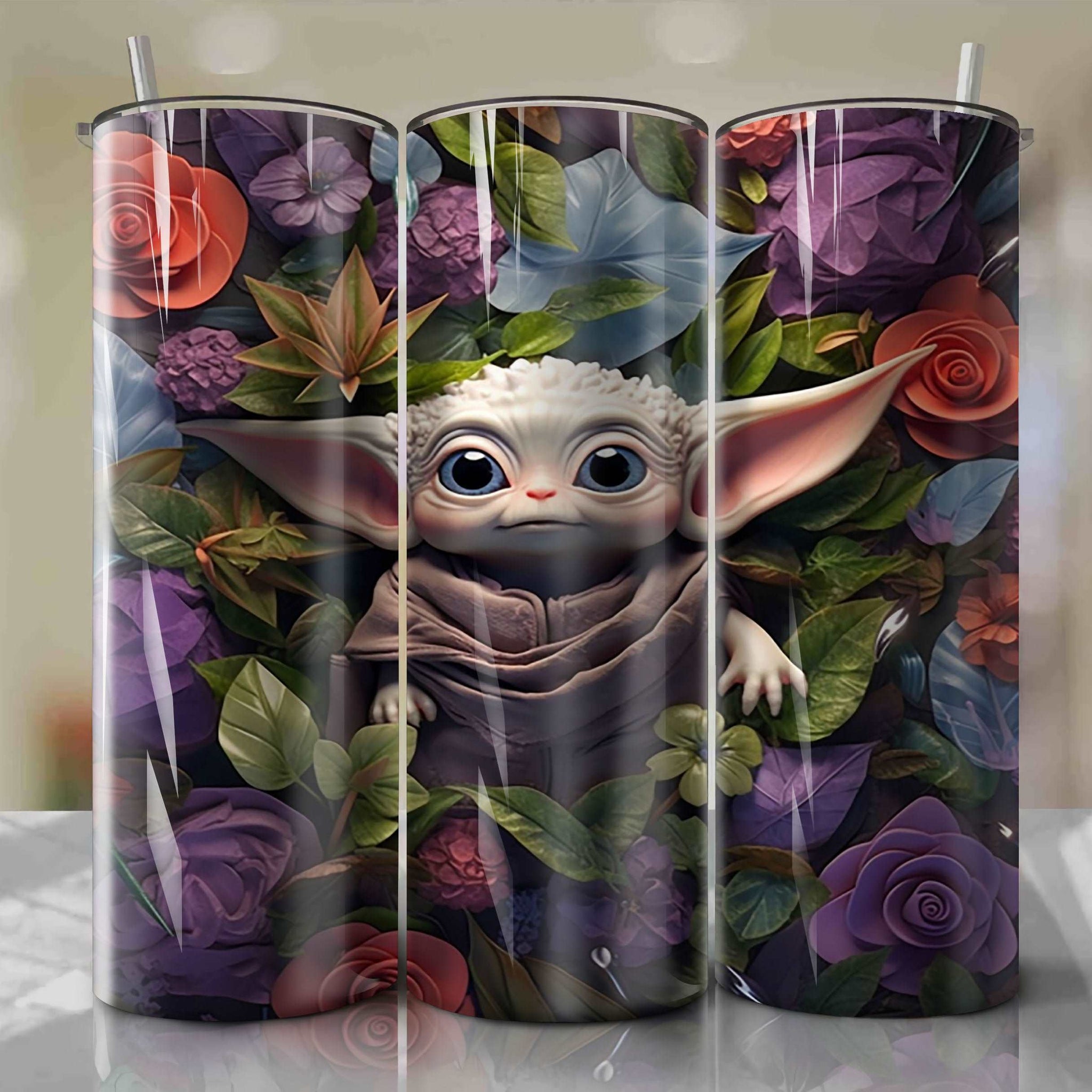 3D Floral Baby Yoda Cute Skinny Tumbler 20oz Wrap PNG - Sublimation