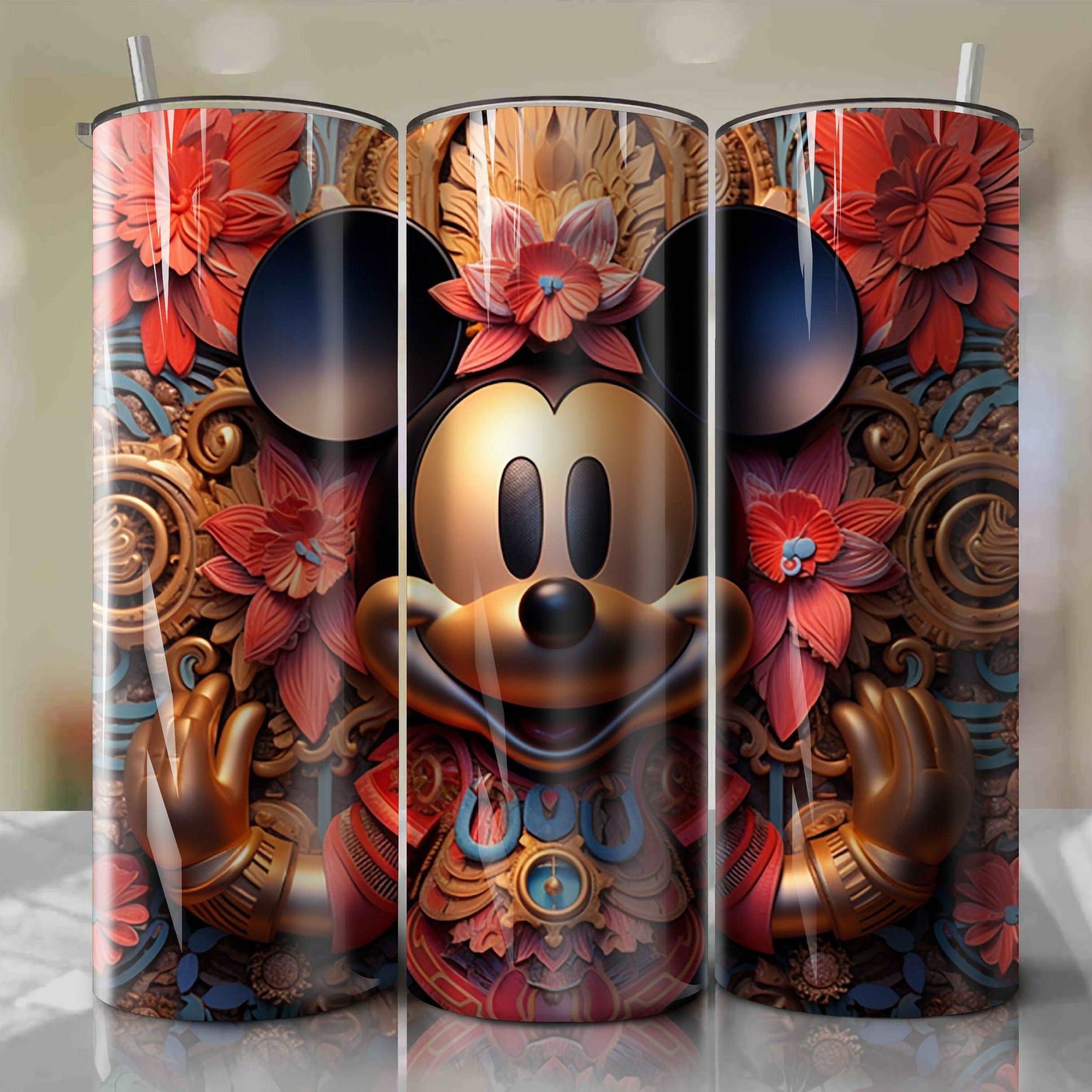 3D Floral Mickey Skinny Tumbler 20oz Wrap PNG - Sublimation