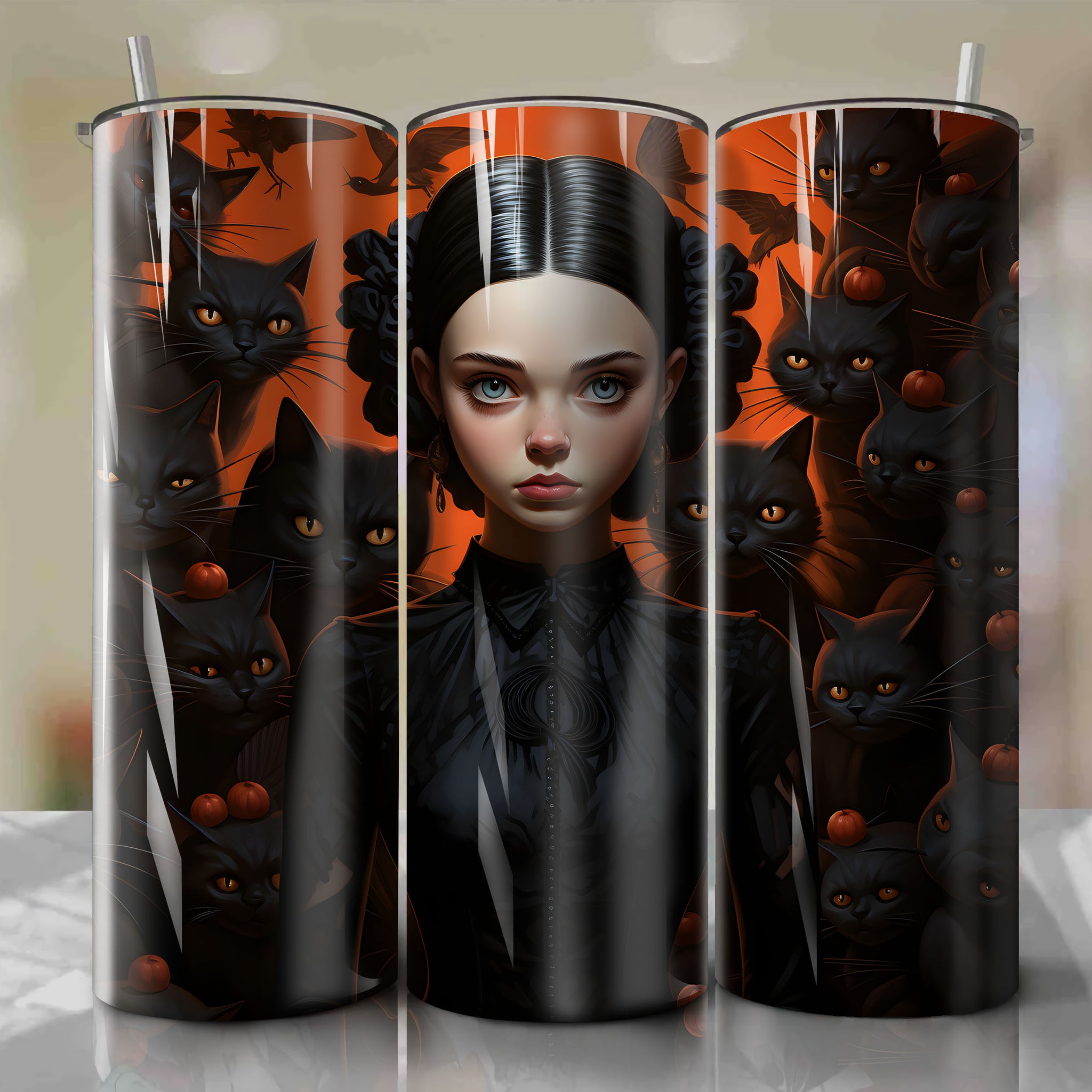 Tumbler Wrap: Wednesday Addams Portrait with Halloween Creatures - Bats, Spiders, Black Cats - 20 oz Straight Tumblers