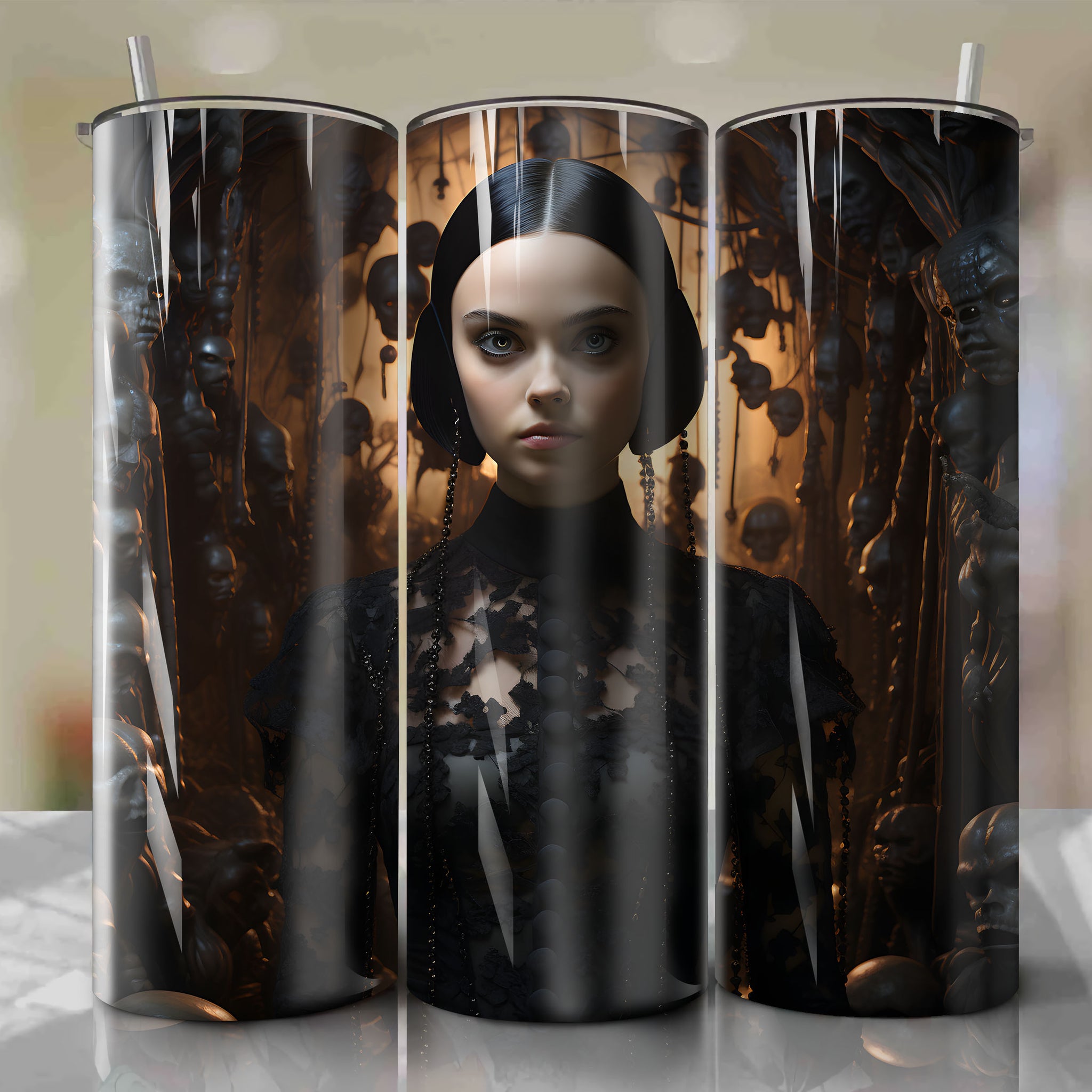 Tumbler Wrap for 20 oz Straight Tumblers - Halloween Costume Design with Wednesday Addams, Ghosts, Skulls, and Cobwebs