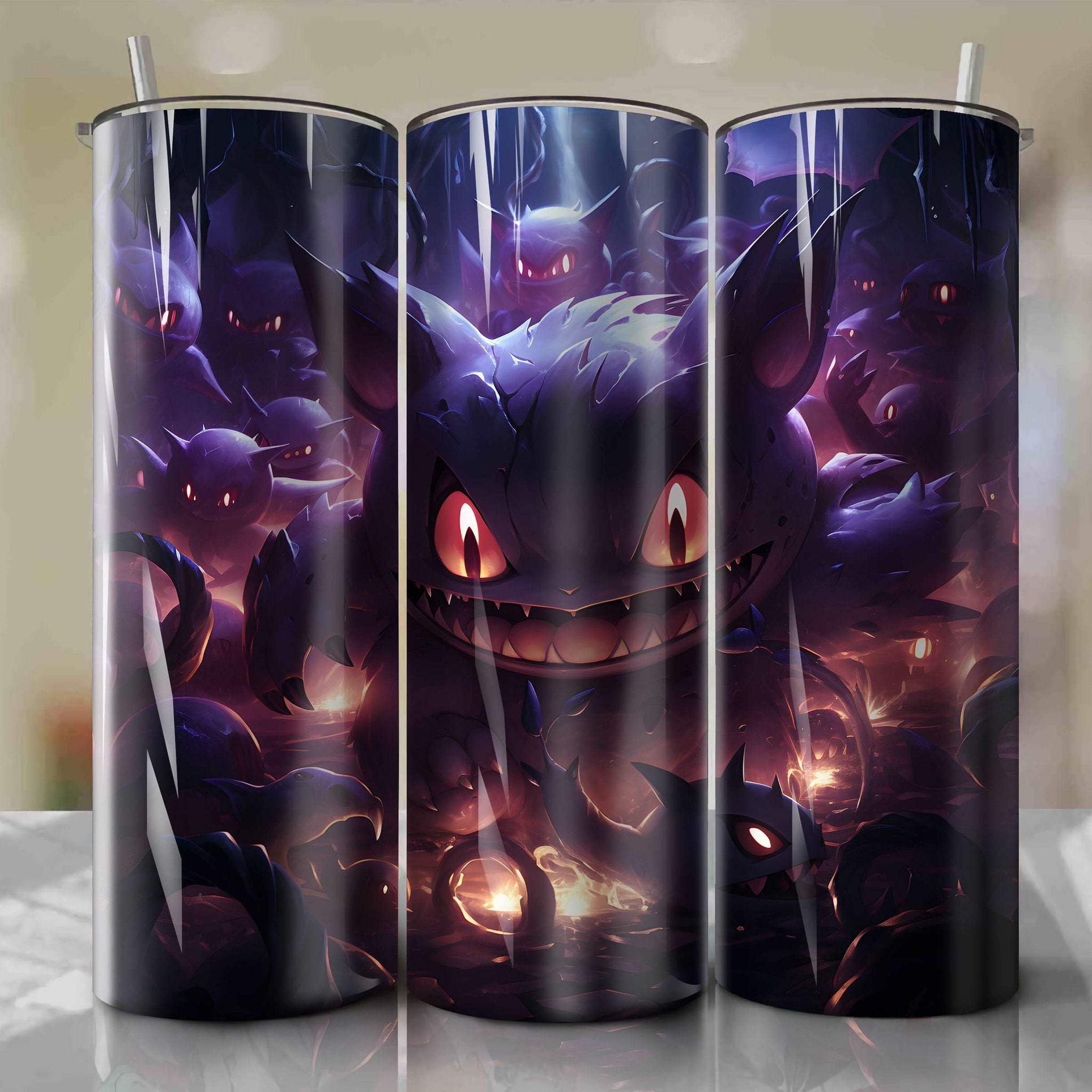 3D Gengar Tumbler Wrap with Bats, Cobwebs, and Eerie Purple Lighting - Mischievous Grin | 20 oz Straight Tumblers - Limited Edition Design