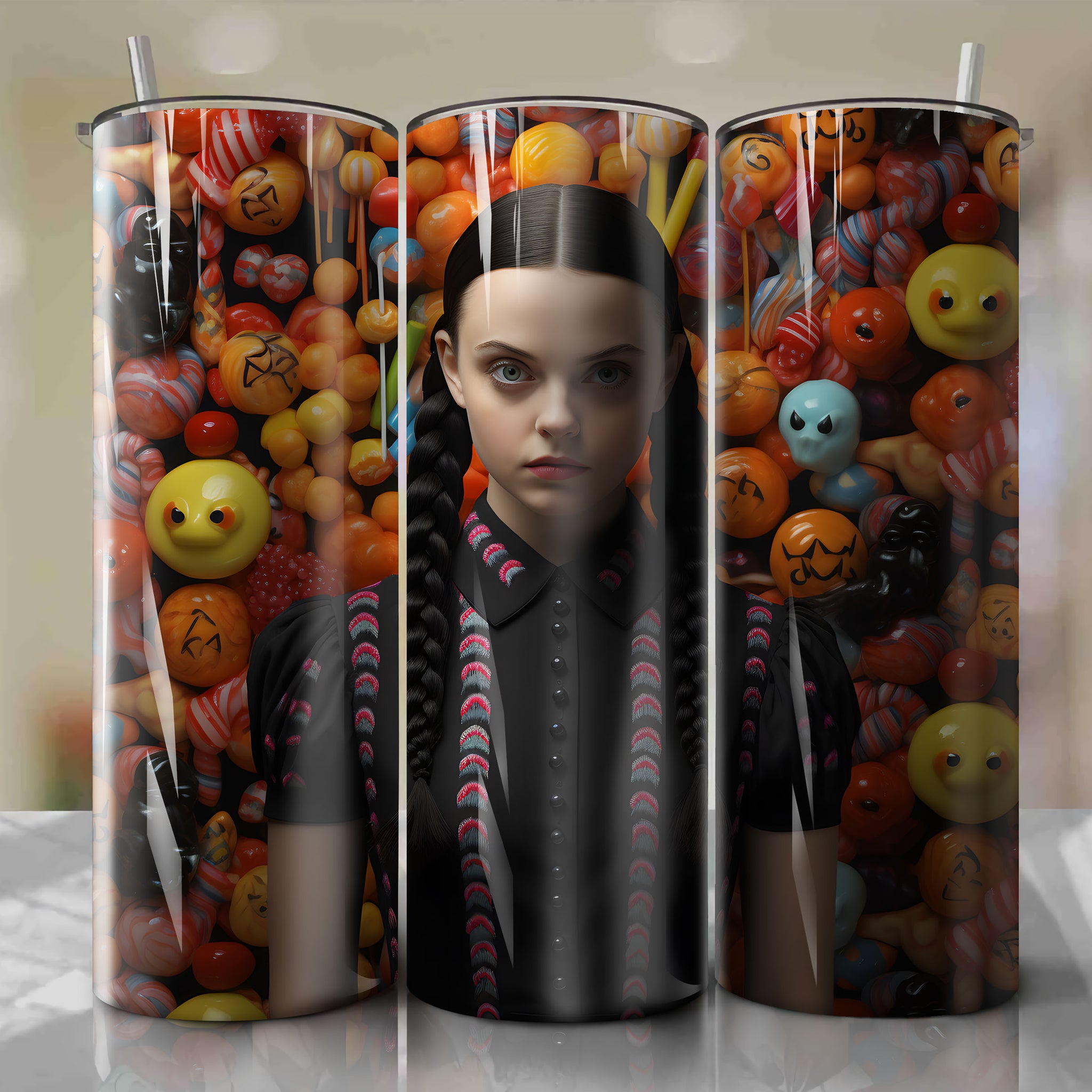 Unique Halloween Tumbler Wrap with Wednesday Addams and Halloween Candy Design