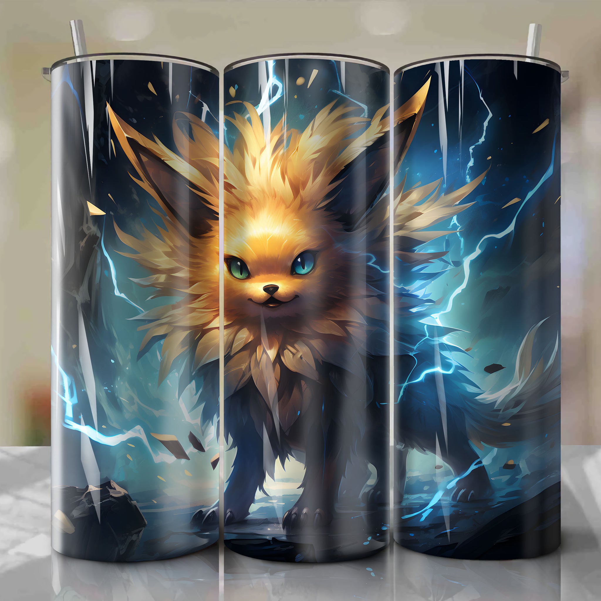 Tumbler Wrap for 20 oz Straight Tumblers - Jolteon with Electrifying Ghostly Blue Sparks on Dark Stormy Night Background