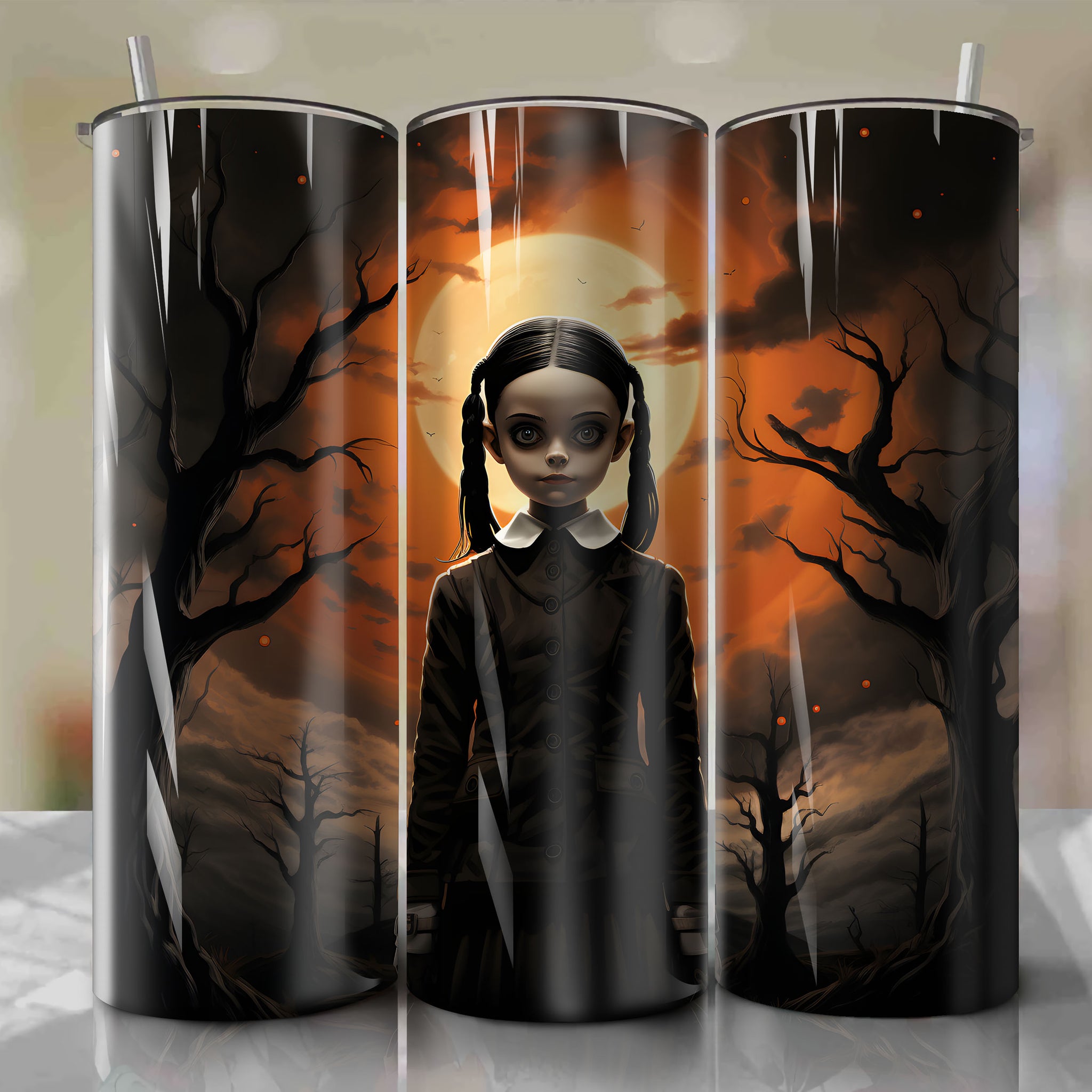 Wednesday Addams Glow-in-the-Dark Tumbler Wrap - Spooky Halloween Design with Jack-o'-lantern Smile and Moonlit Sky