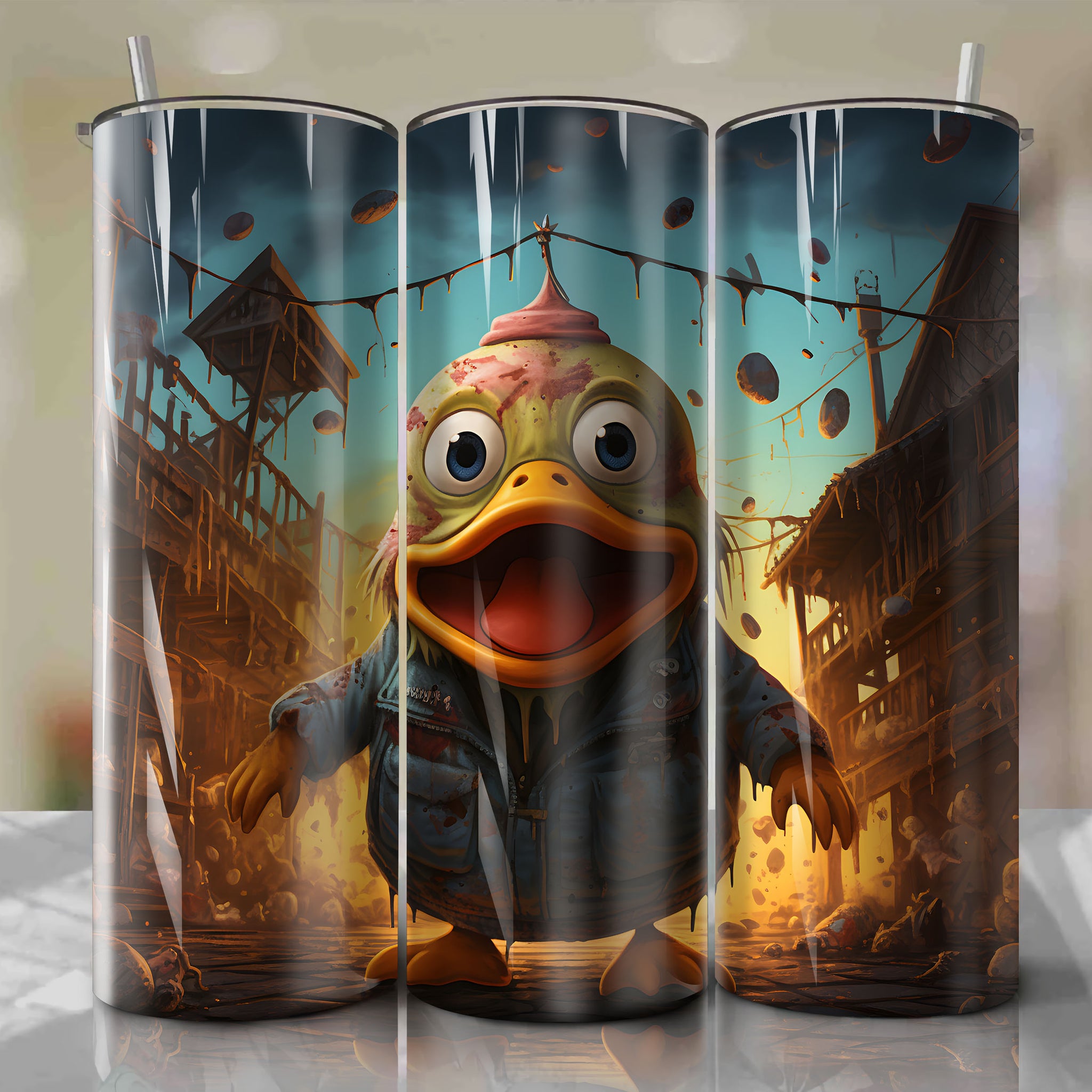 Zombie Psyduck Tumbler Wrap - Comical and Creepy Undead Design | 20 oz Straight Tumbler PNG Product Featuring a Spooky Abandoned Amusement Park Background