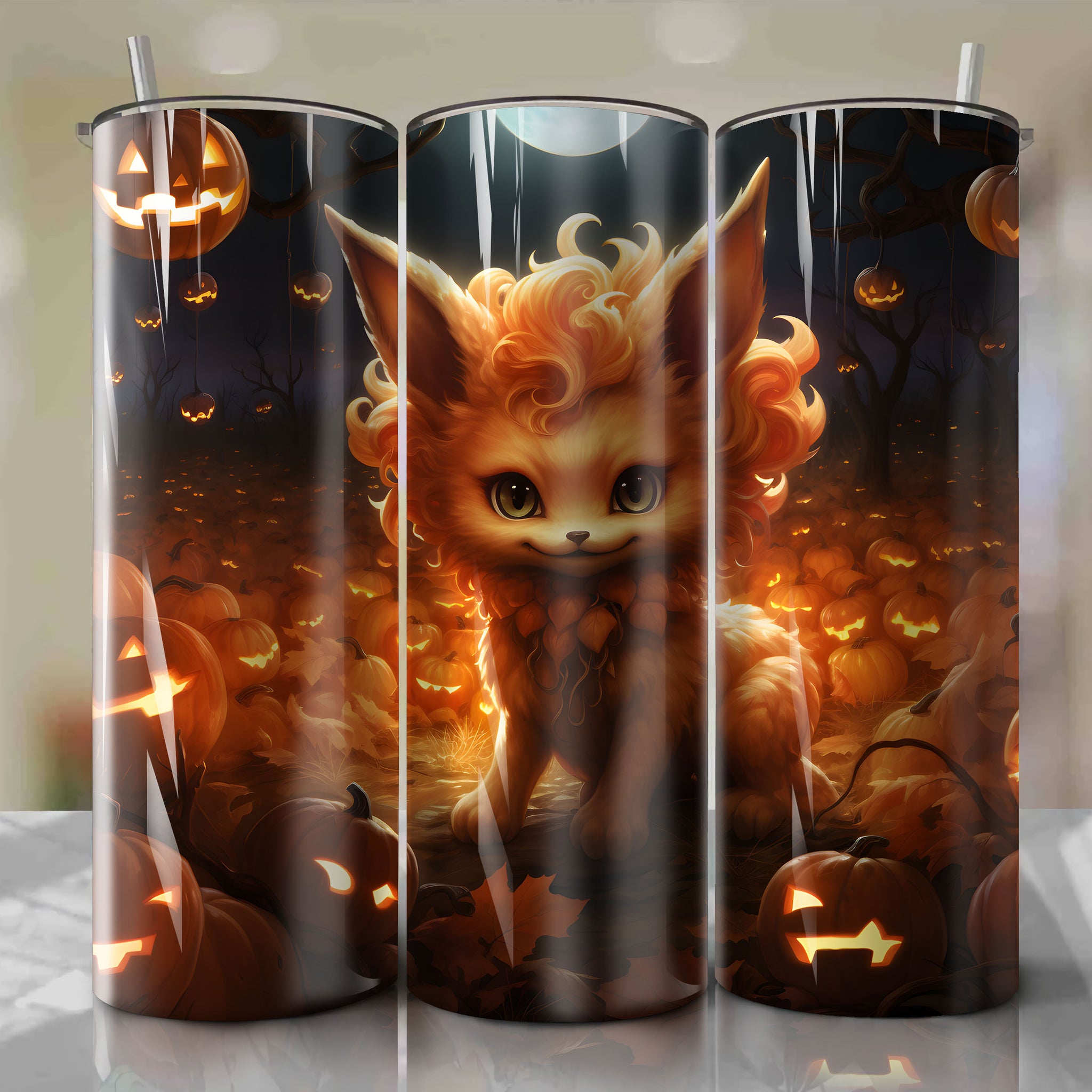 Halloween Vulpix Tumbler Wrap: Glowing Jack-o'-lantern Faces on Haunted Pumpkin Patch Background
