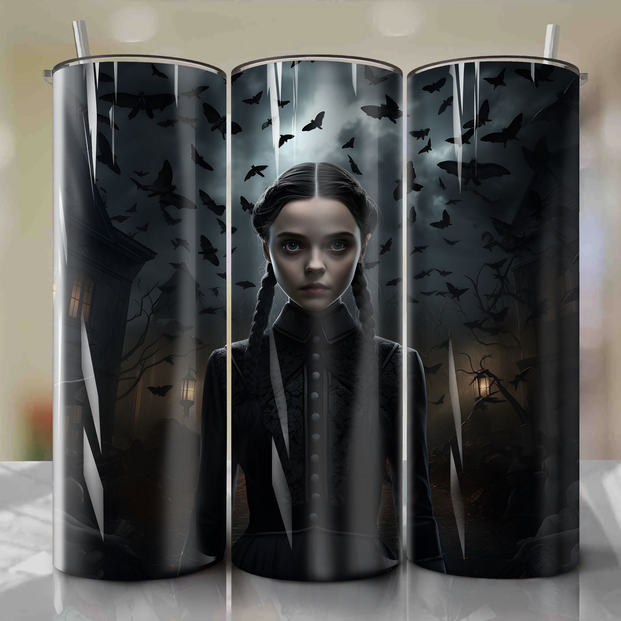 Creepy 3D Vampire Tumbler Wrap: Wednesday Addams Illustration with Bats and Abandoned Mansion Background