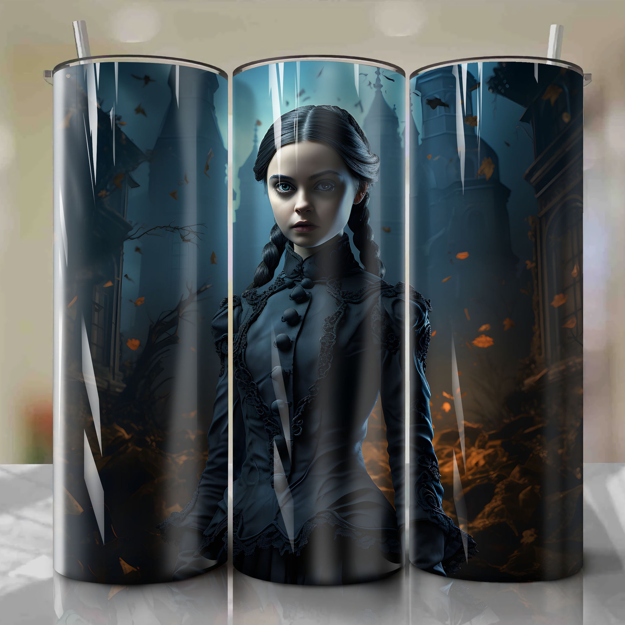 Hauntingly Beautiful 3D Wednesday Addams Ghost Tumbler Wrap | Victorian Mansion Background