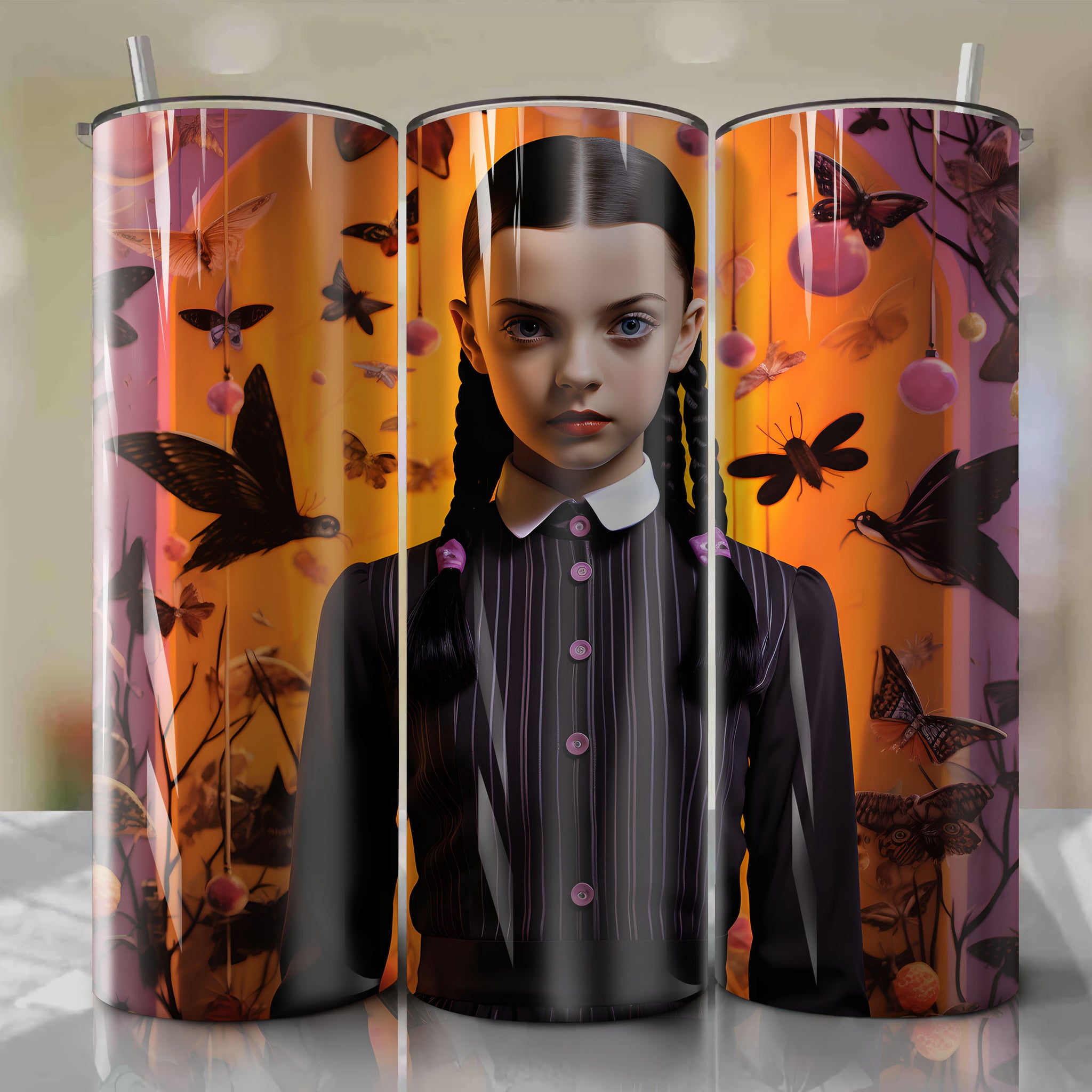 Spooky Tumbler Wraps: Cubone with Skull Mask & Bone Staff + Wednesday Addams Witch with 3D Bling Effect | Haunted Desert Night & House Wallpaper Backgrounds