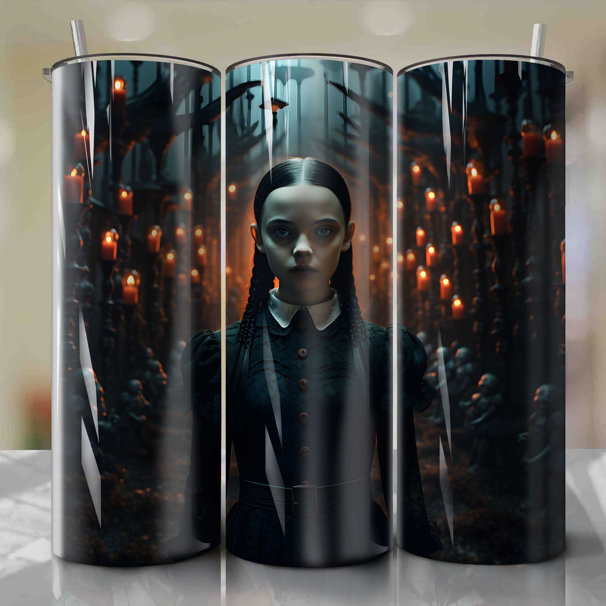 3D Wednesday Addams Tumbler Wrap | Ghostly Aura | Haunted Forest Theme