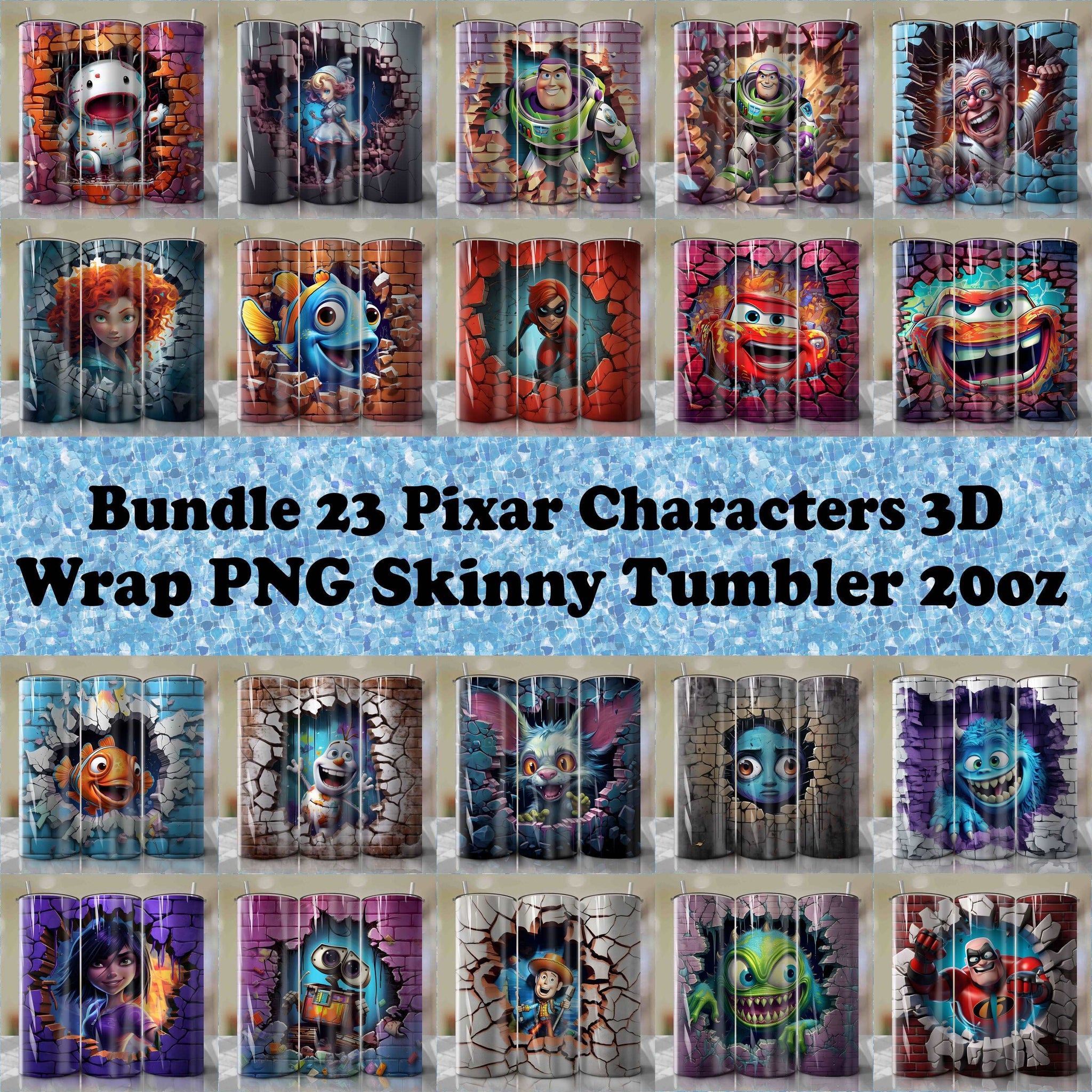 Bundle 23 Pixar Characters 3D Wrap PNG Skinny Tumbler 20oz - Sublimation | Halloween | Digital Download