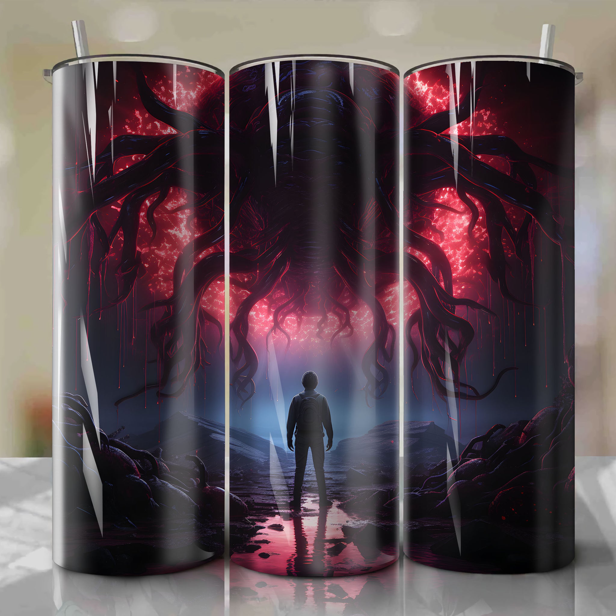 Stranger Things Today at 9:25 AM Things Tumbler Wrap: Neon-Lit Synthwave Design with Demogorgon from the Upside Down