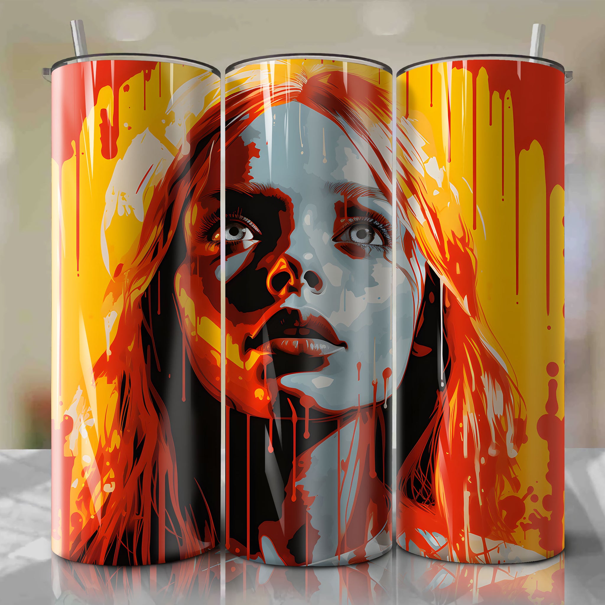 Pop Art-style Carrie White Tribute Tumbler Wrap: Iconic Scenes from 'Carrie' in Vibrant Colors