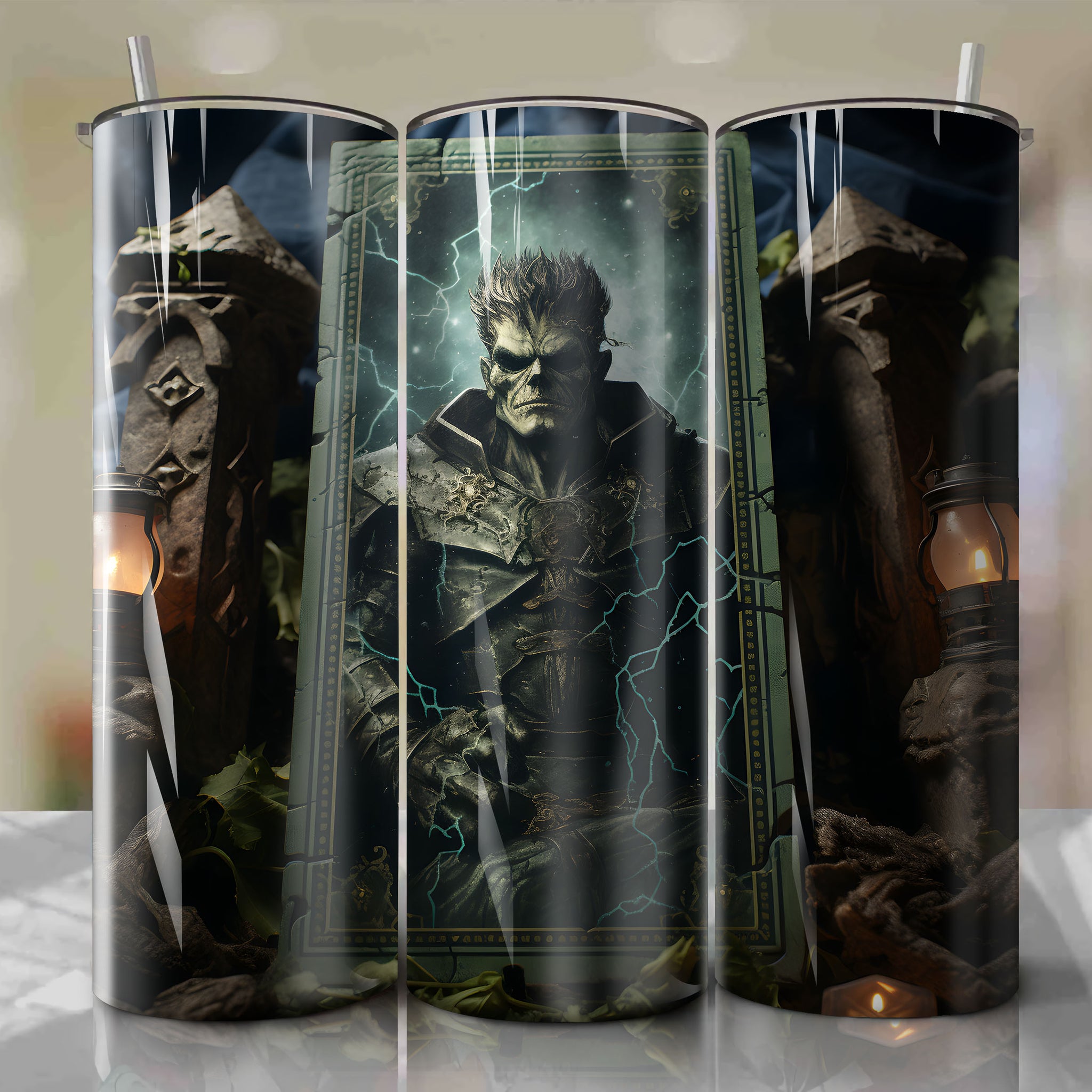 Frankenstein's Monster as The Tower Tarot Card: Lightning Striking Gothic Style Tumbler Wrap - High-Quality PNG Digital Product for 20 oz Straight Tumblers