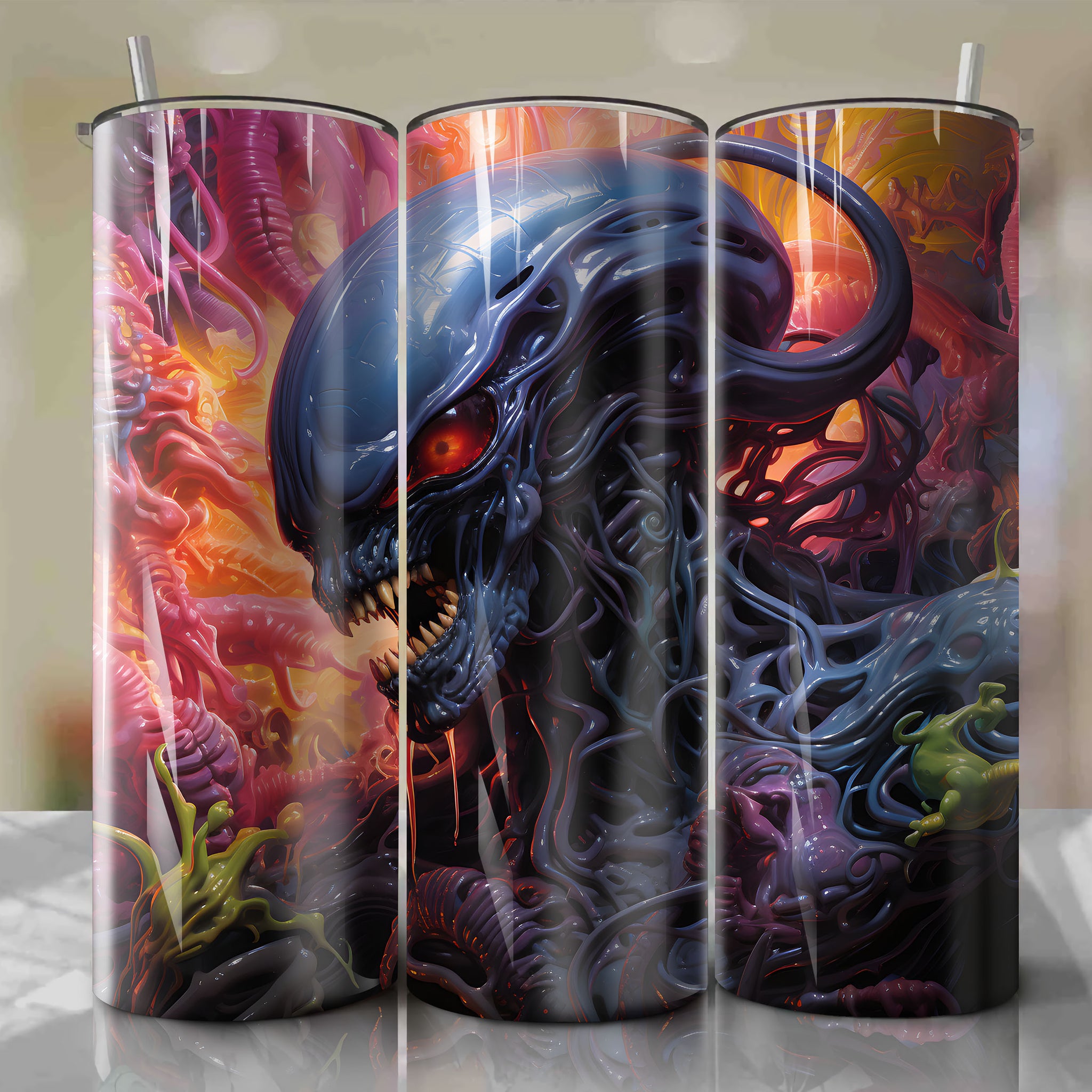 Eye-catching Psychedelic Alien Tumbler Wraps - Vibrant Xenomorph Designs for 20 oz Straight Tumblers