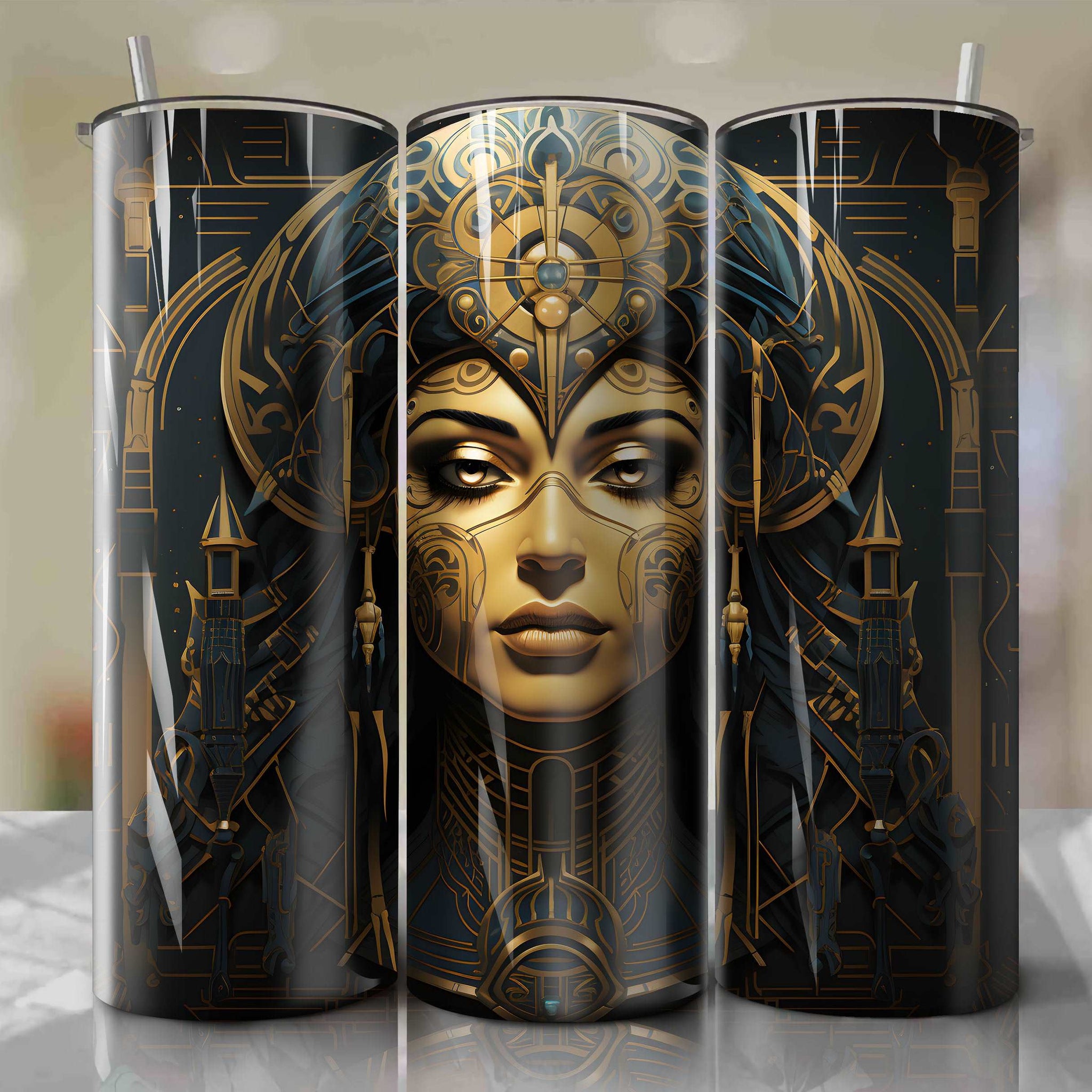 Art Nouveau-Inspired Mummy Tumbler Wrap: Ornate Egyptian Motifs and Hieroglyphs, 20 oz Straight Tumblers