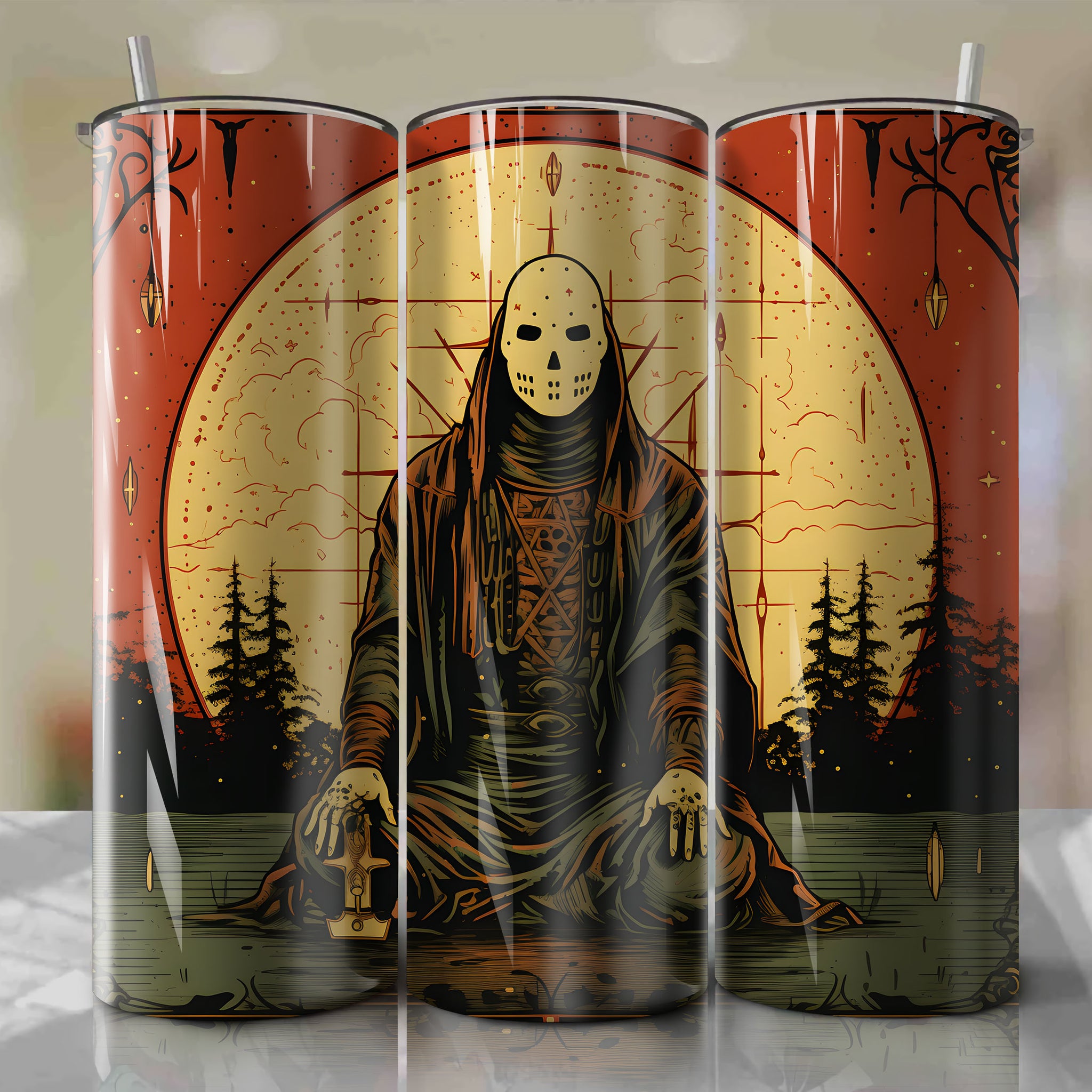 Vintage Tarot Card Illustration - Dramatic and Spooky Jason Voorhees Inspired Design with Occult Symbolism in the Style of Aleister Crowley | Stylized Vector Tumbler Wrap for 20 oz Straight Tumblers