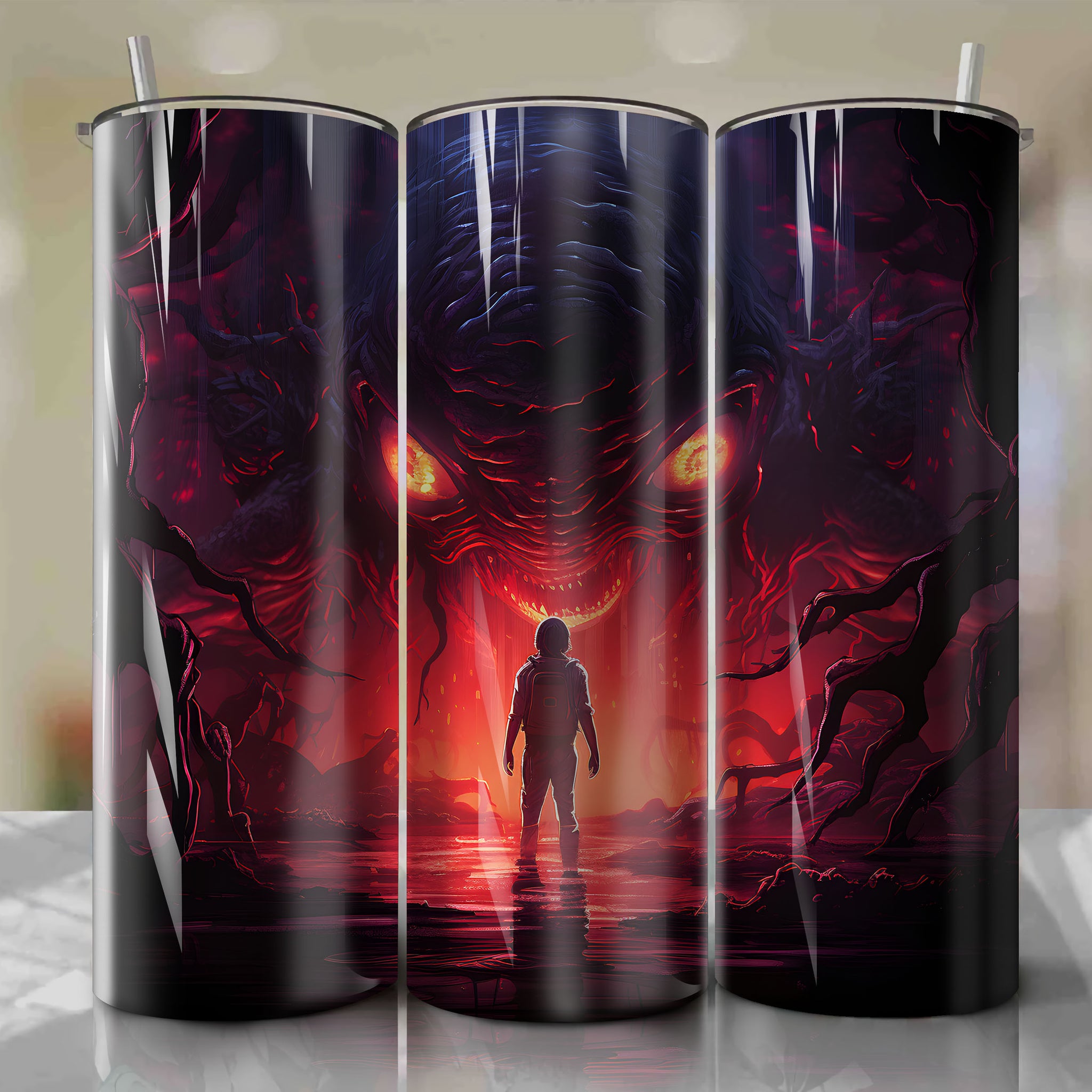 Dazzling Neon Synthwave Stranger Things Today Tumbler Wrap: Demogorgon from Upside Down