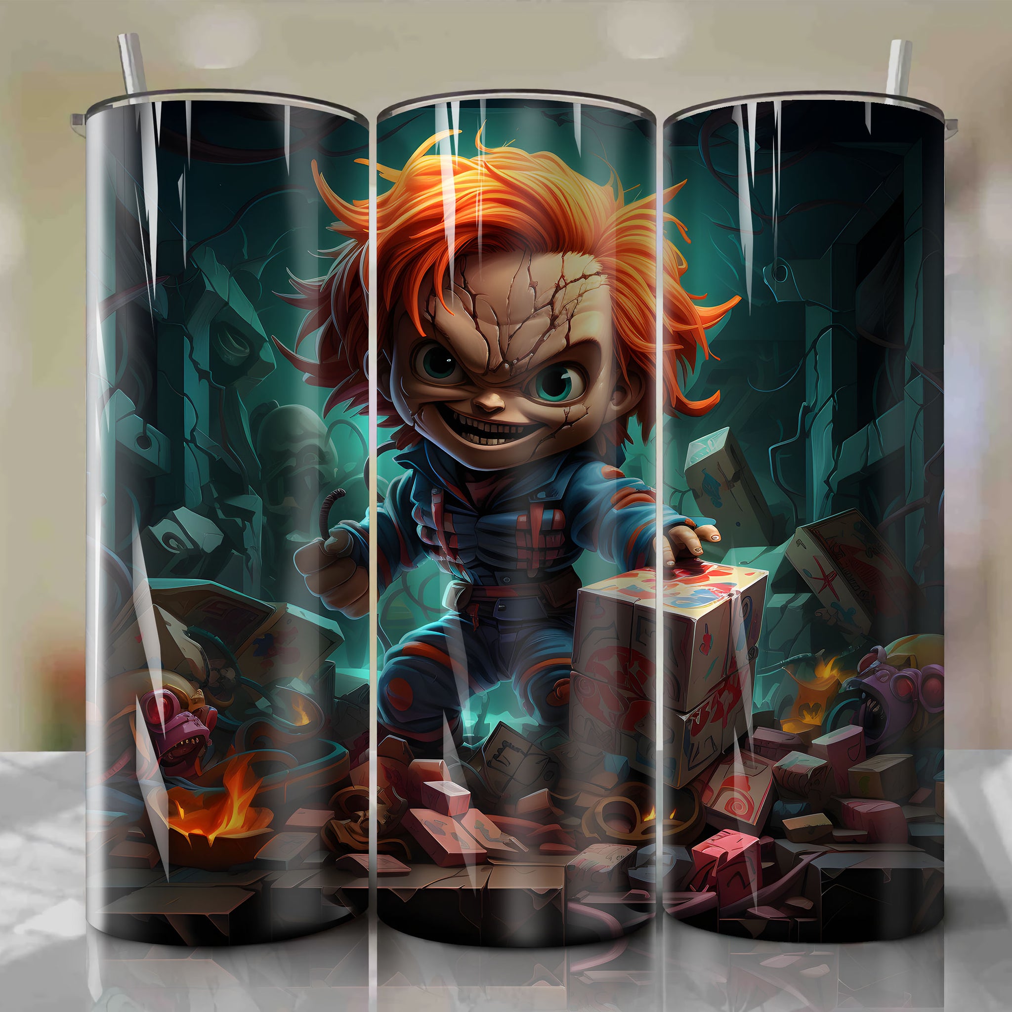 Dynamic 3D Artwork of Chucky Breaking Out of Gift Box with Knife - Evil Grin - Tumbler Wrap for 20 oz Straight Tumblers