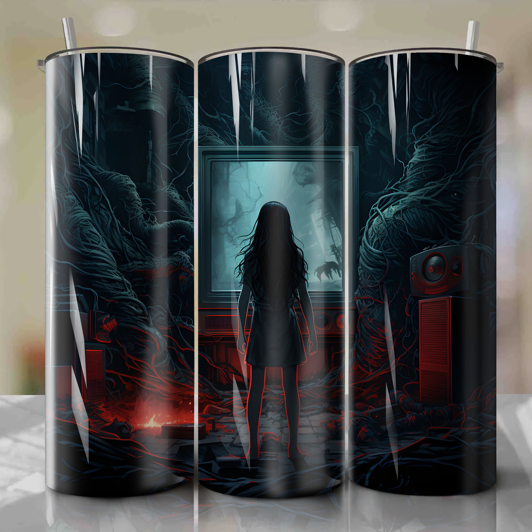 Tumbler Wrap 20 oz - Samara from The Ring crawling out of a distorted TV set - Artistic 3D Design