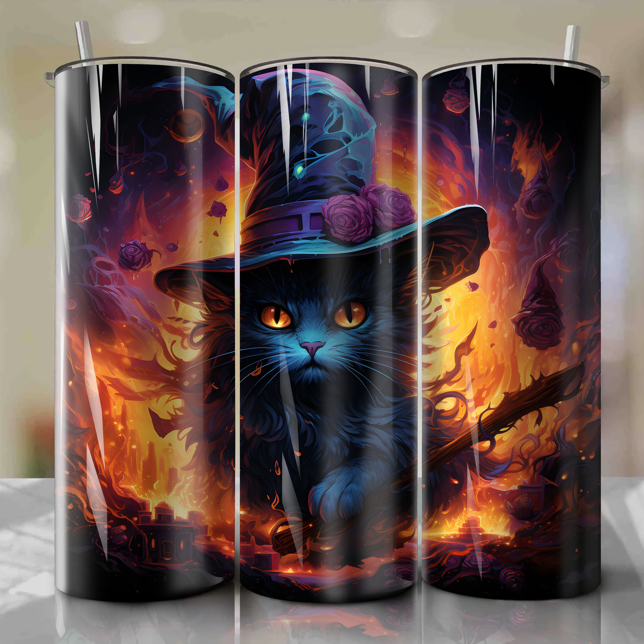 Whimsical 3D Tumbler Wrap - Black Cat Leaping from Split Witch's Hat