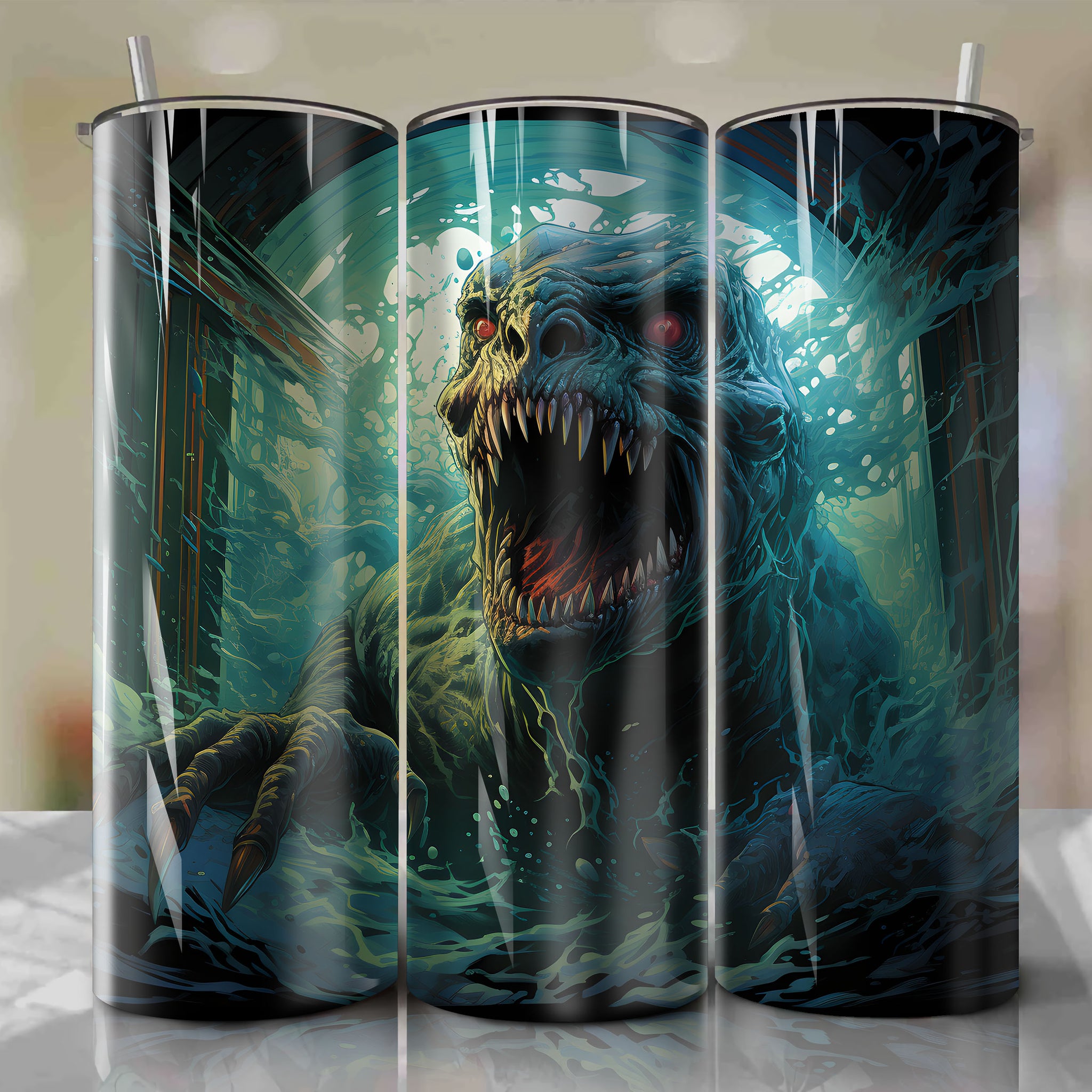 Tumbler Wrap | Creature Walks Among Us | 20 oz Straight Tumbler | Intense 3D Scene | Watery Footprints