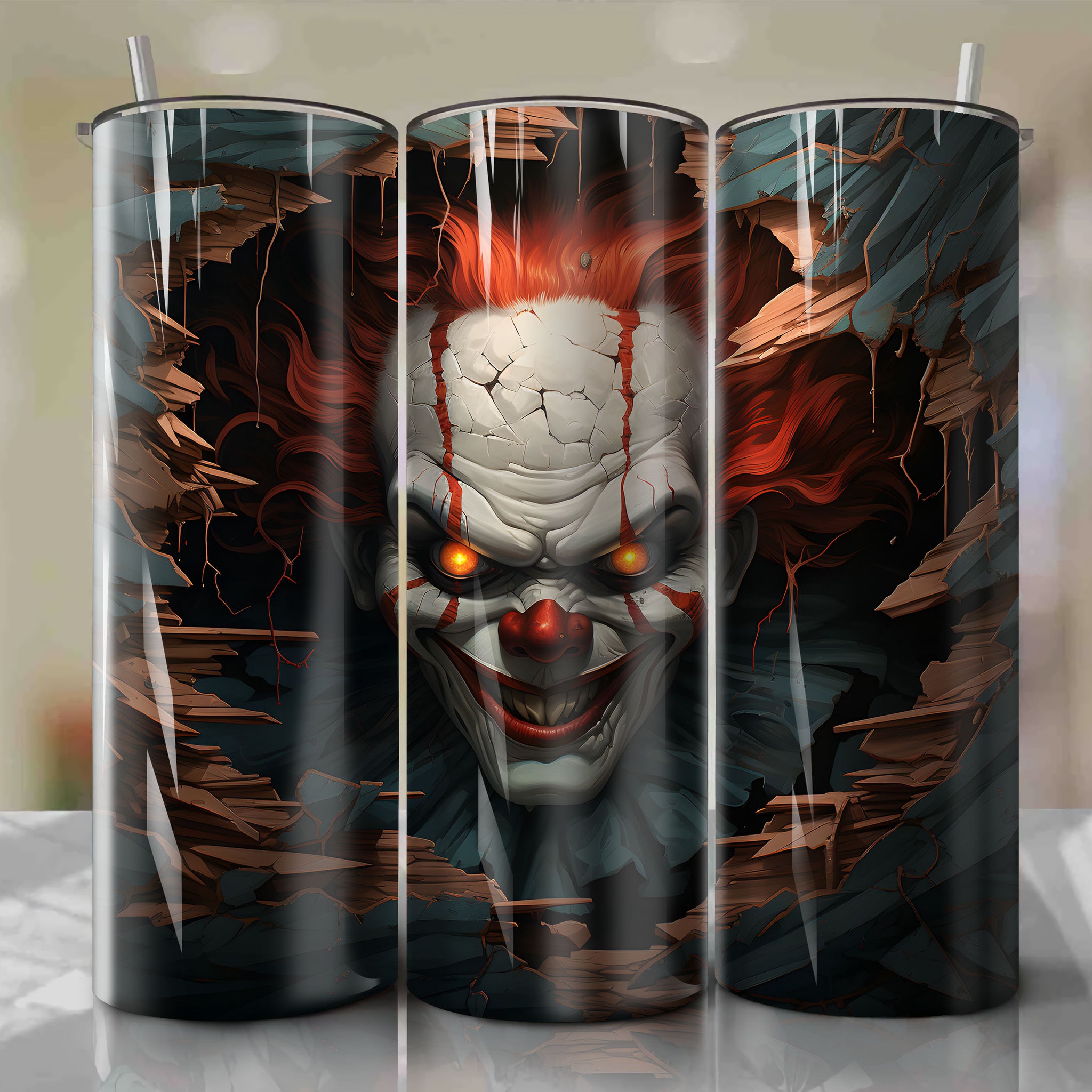 Peeking Pennywise Clown 3D Tumbler Wrap for 20 oz Straight Tumblers | Circus Poster Design