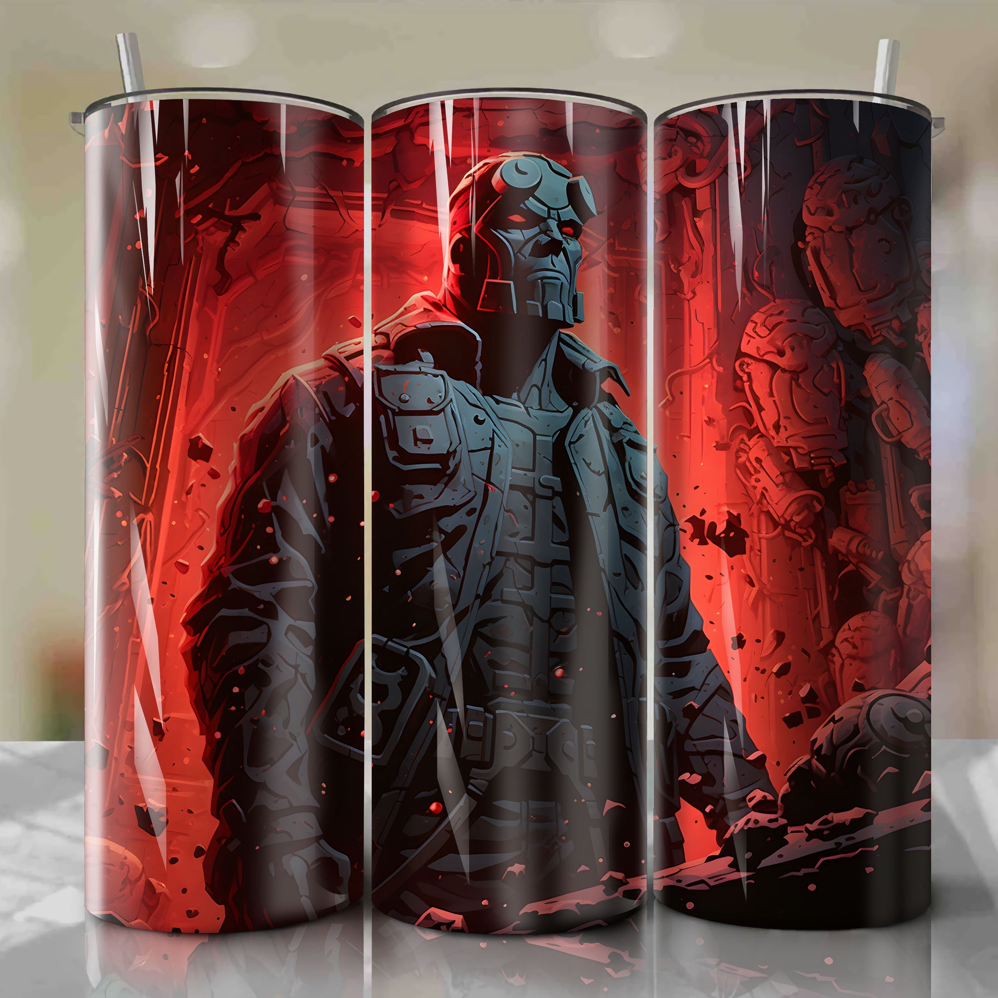 Dynamic Hellboy Tumbler Wrap: 20 oz Straight Tumbler Design with Dust and Debris Effect