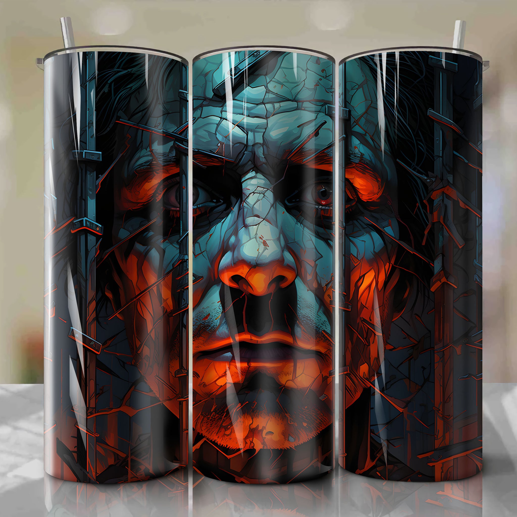 Colorful 3D Tumbler Wrap with Menacing Hannibal Lecter Illustration