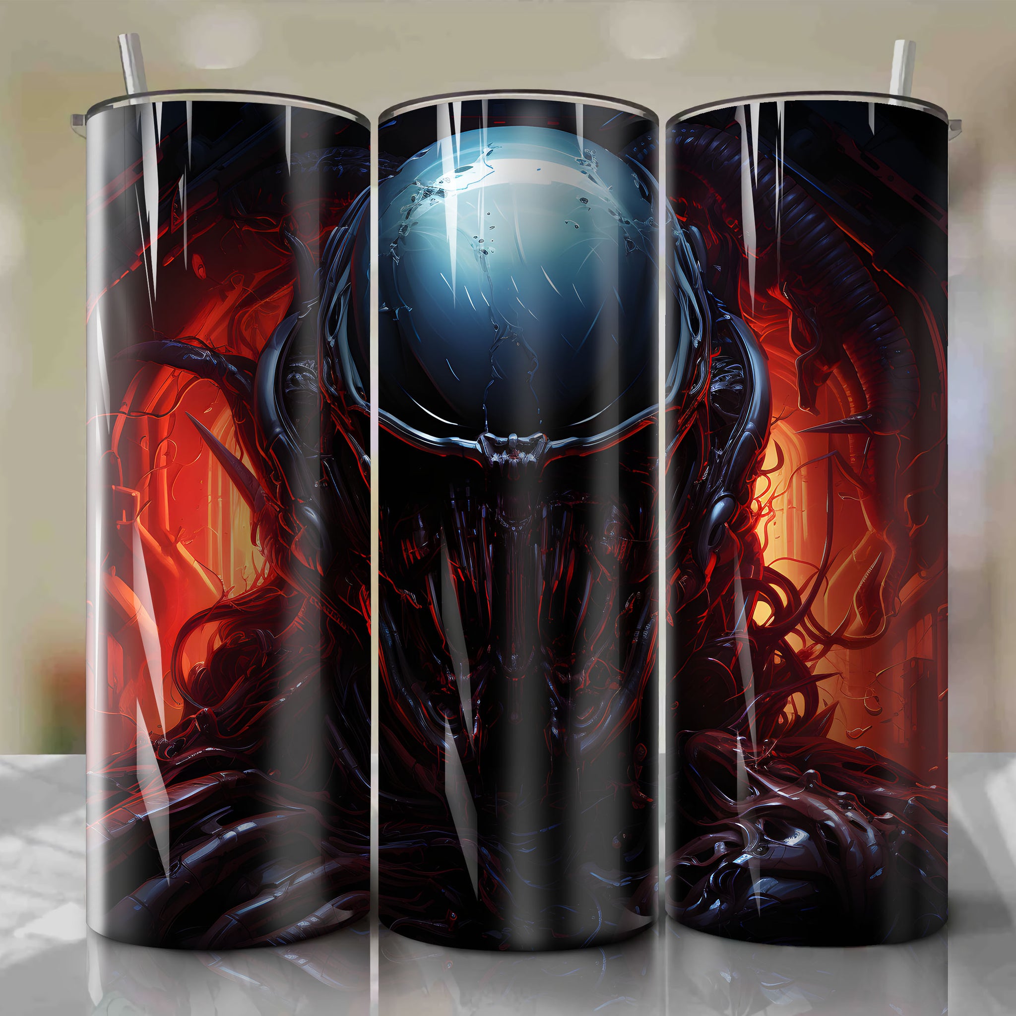 Cinematic 3D Artwork: Xenomorph Inner Jaws Exploding from a Shattered Helmet Visor in a Spaceship Corridor Tumbler Wrap